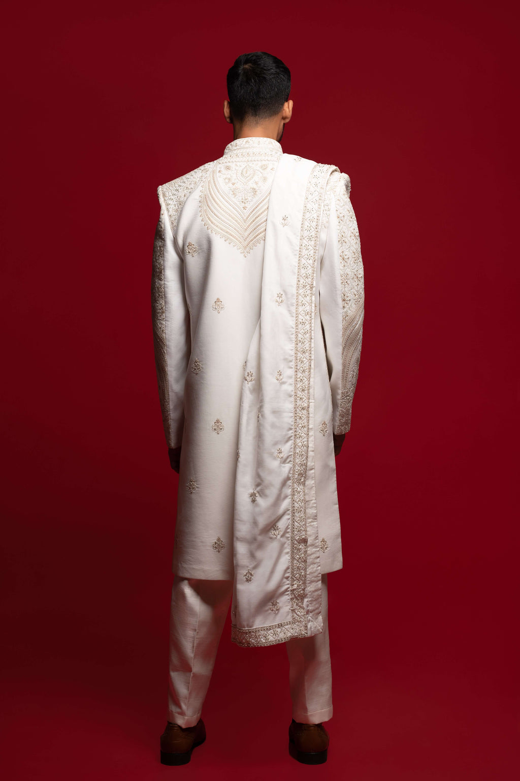 White Silk Cutdana & Stone Embroidered Sherwani Set