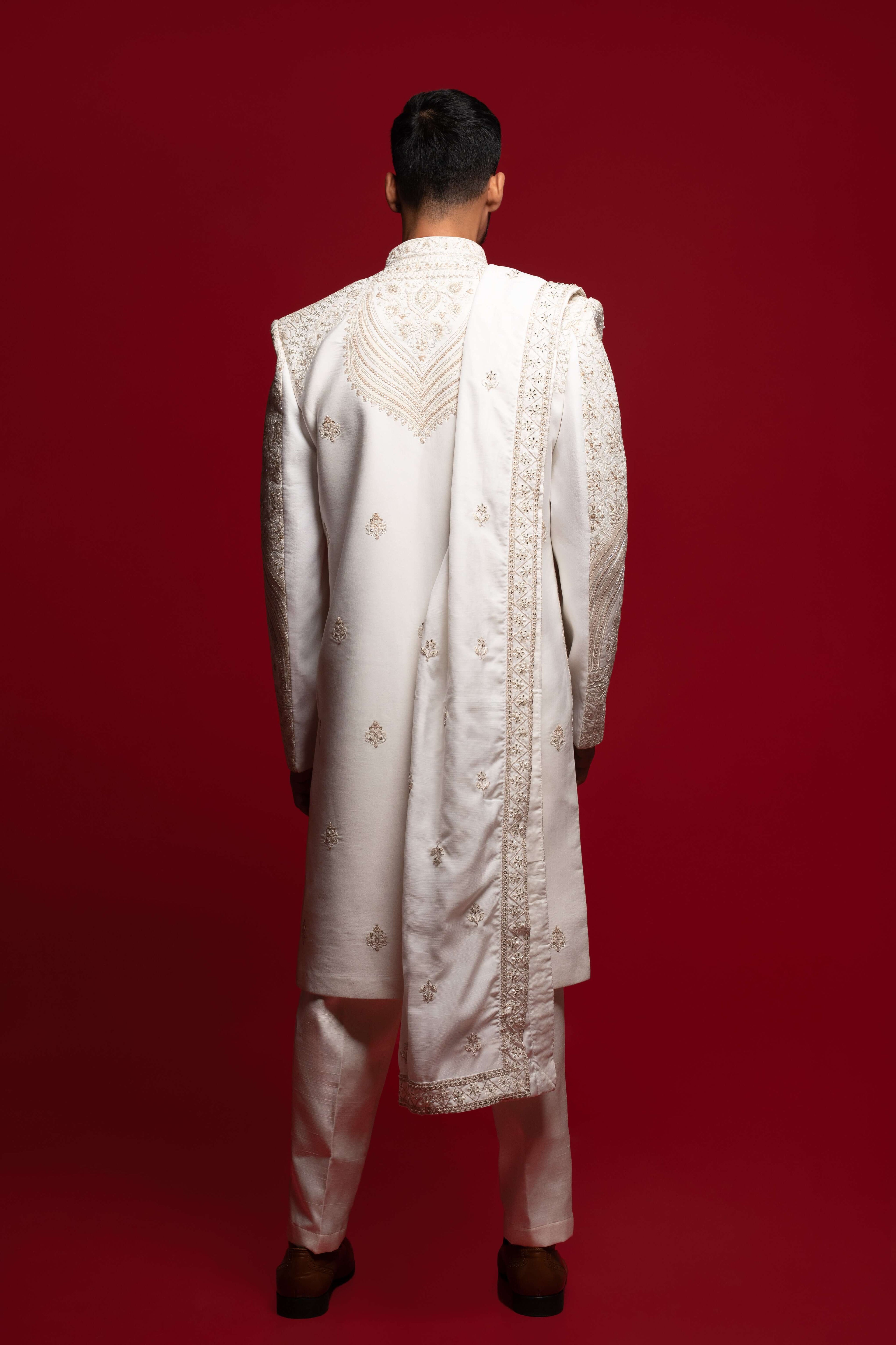 White Silk Cutdana & Stone Embroidered Sherwani Set