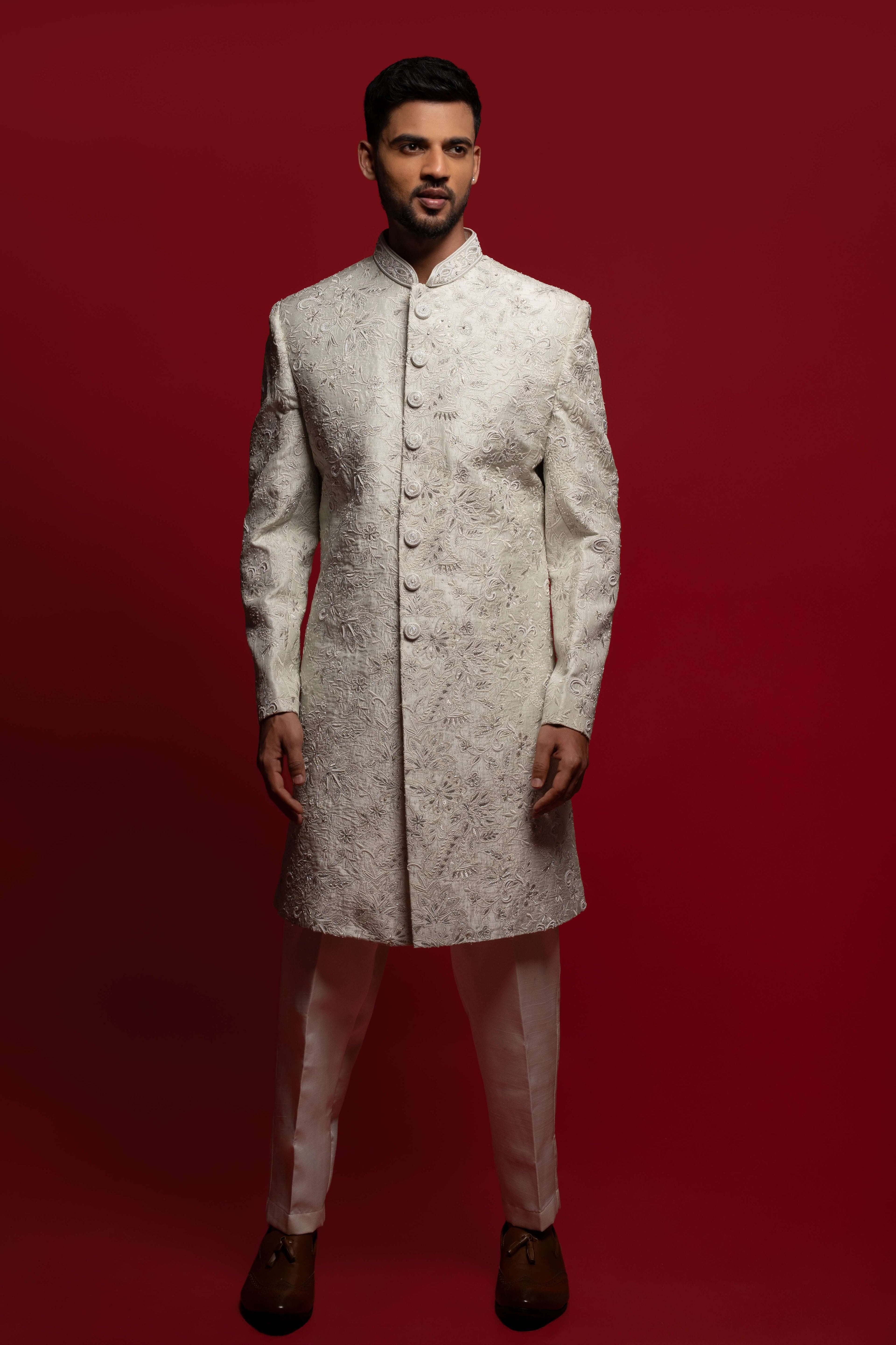 Mint Silk Sherwani Set With Cutdana Embroidery