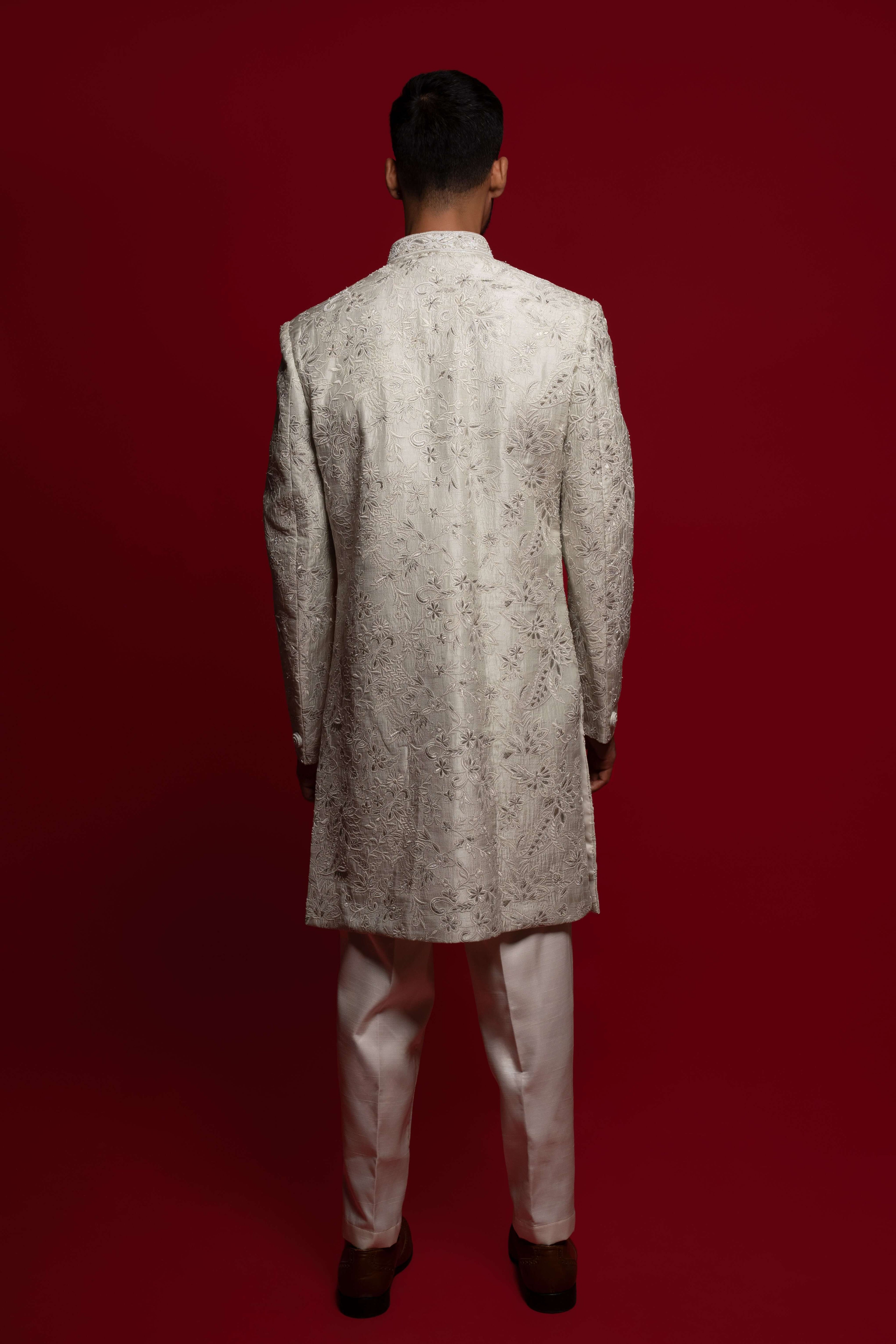 Mint Silk Sherwani Set With Cutdana Embroidery