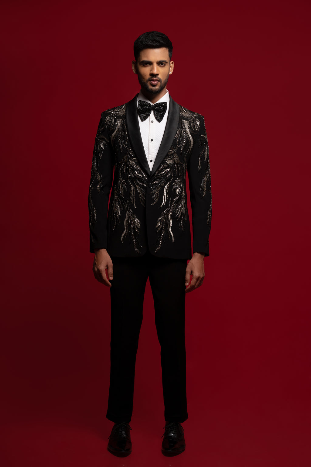 Black Polyester Viscose heavy Embroidered Tuxedo Set