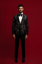 Black Polyester Viscose heavy Embroidered Tuxedo Set