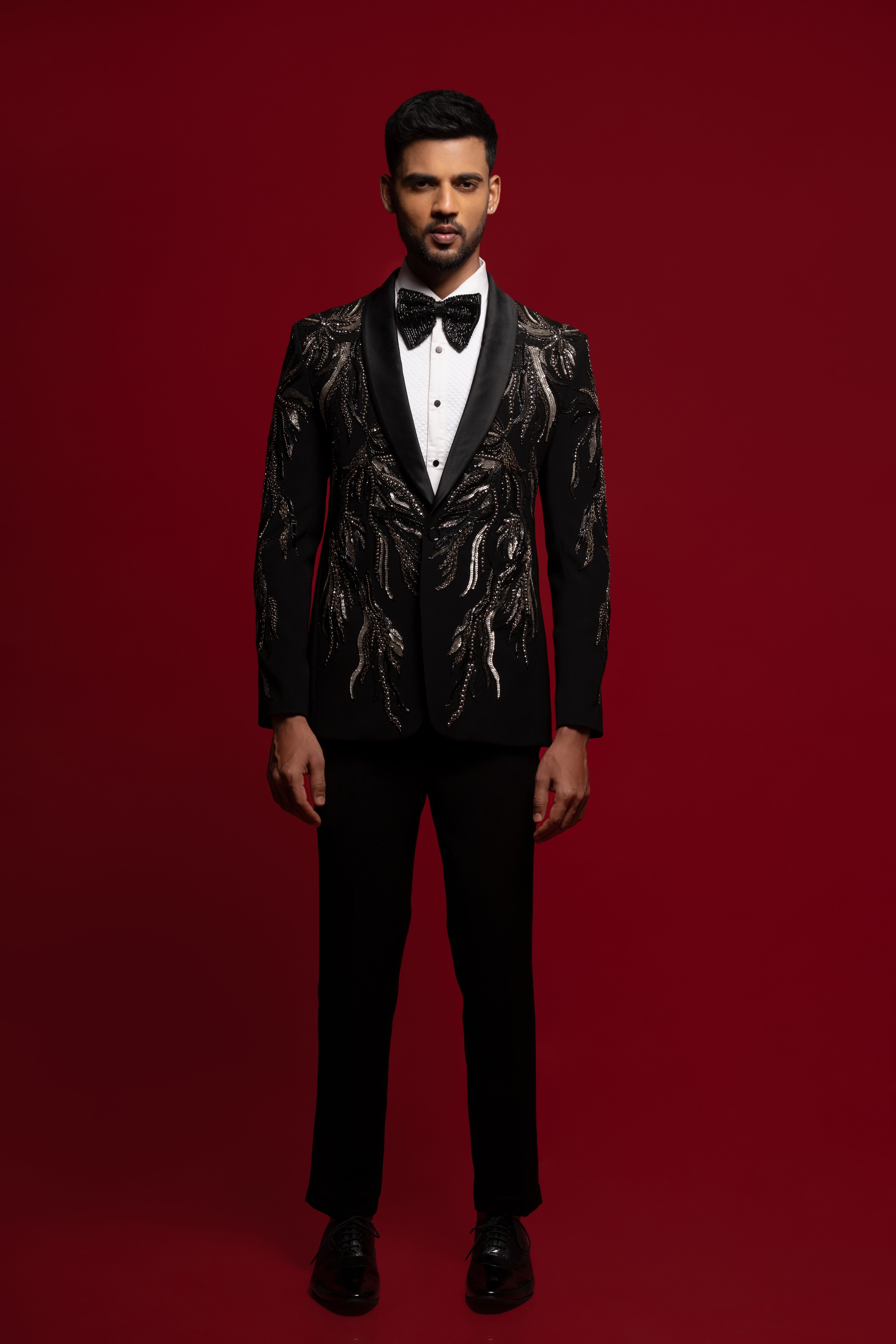 Black Polyester Viscose heavy Embroidered Tuxedo Set