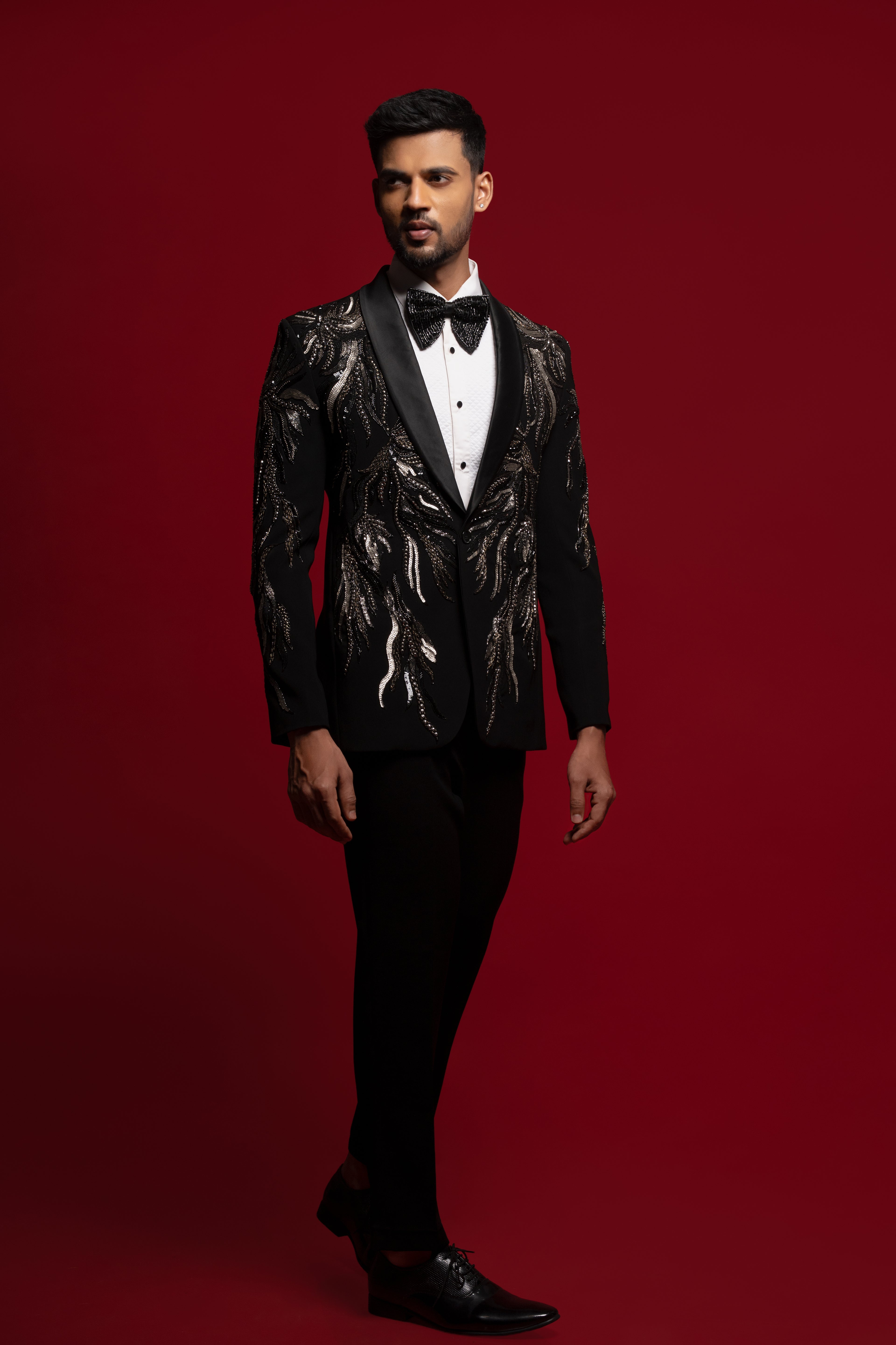 Black Polyester Viscose heavy Embroidered Tuxedo Set