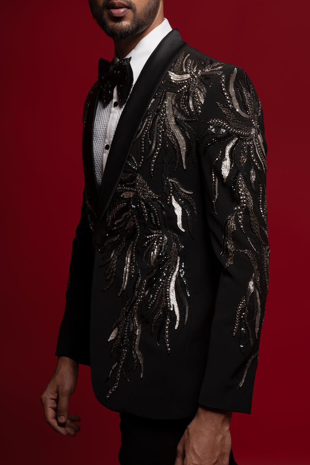Black Polyester Viscose heavy Embroidered Tuxedo Set
