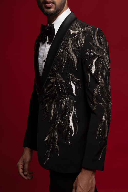 Black Polyester Viscose heavy Embroidered Tuxedo Set