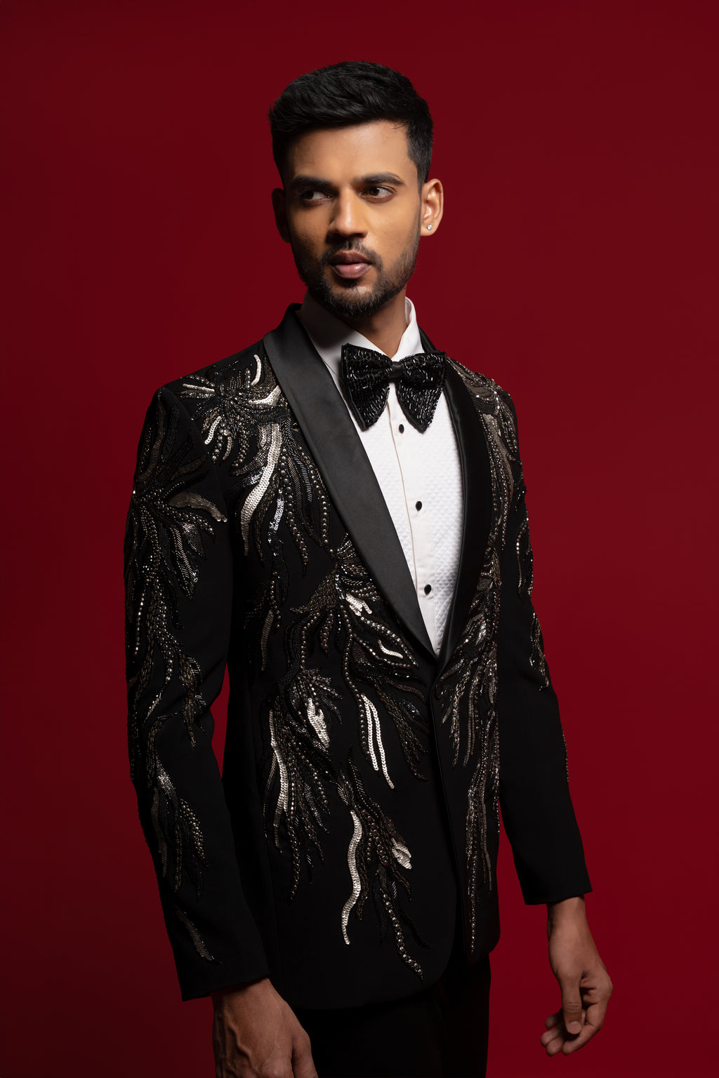 Black Polyester Viscose heavy Embroidered Tuxedo Set