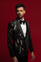 Black Polyester Viscose heavy Embroidered Tuxedo Set