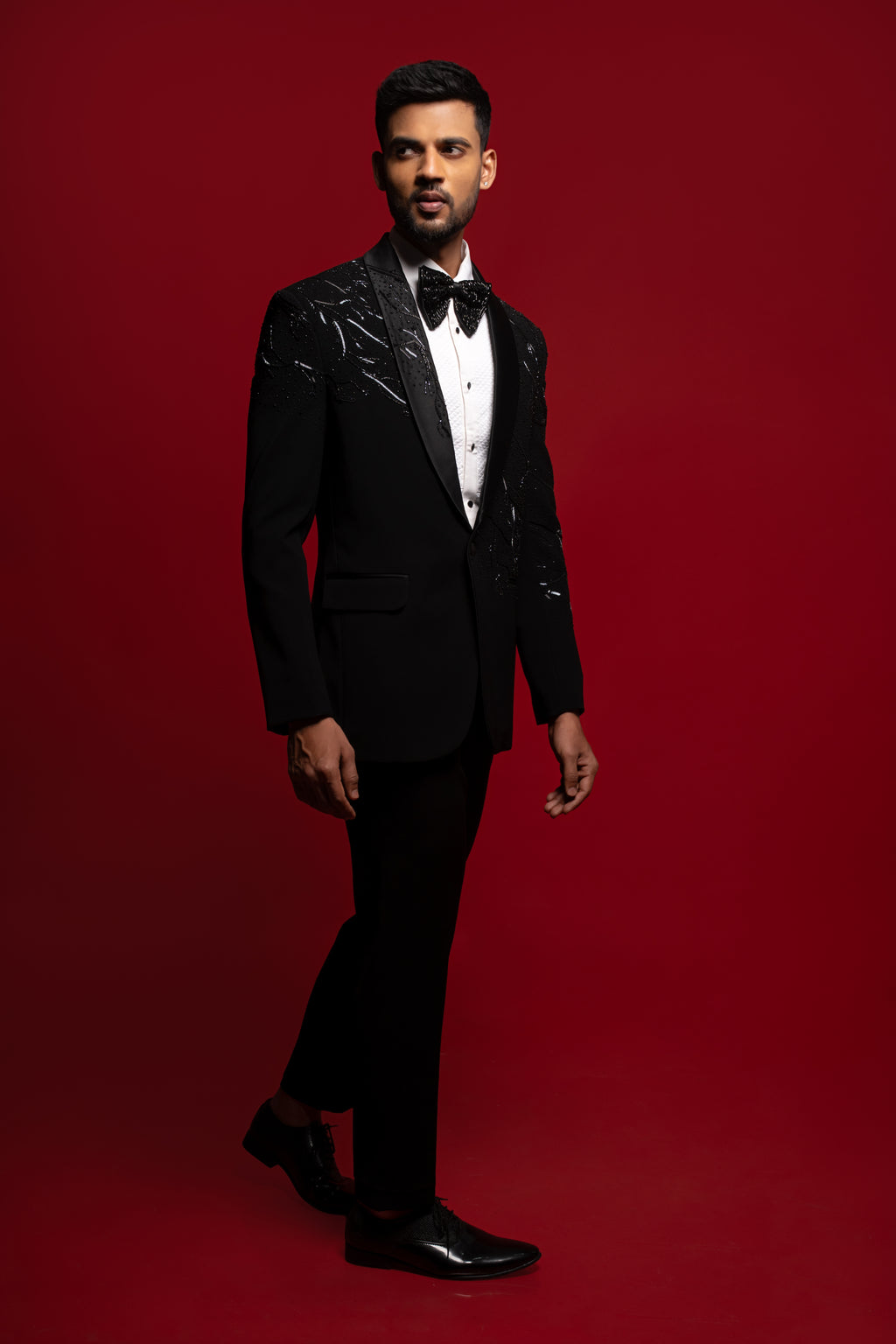 Black Polyester Viscose Embroidered Tuxedo Set