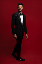Black Polyester Viscose Embroidered Tuxedo Set
