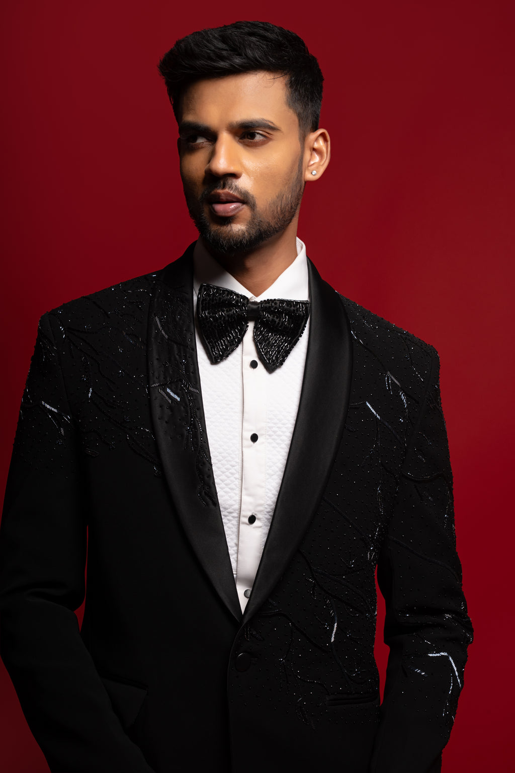 Black Polyester Viscose Embroidered Tuxedo Set