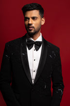 Black Polyester Viscose Embroidered Tuxedo Set
