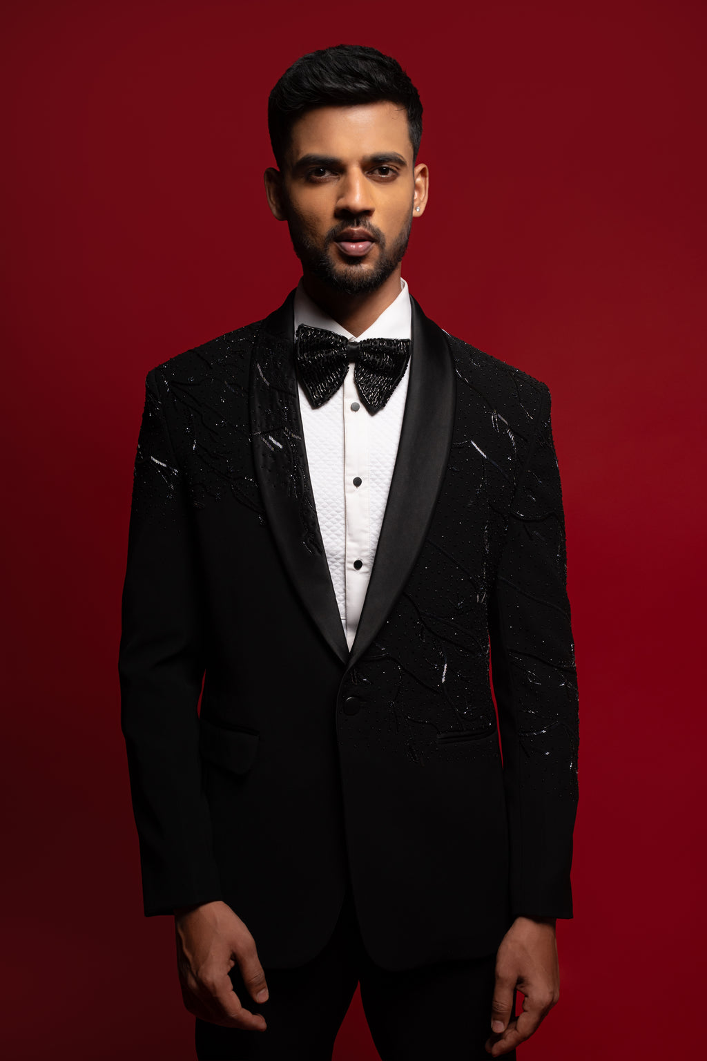 Black Polyester Viscose Embroidered Tuxedo Set