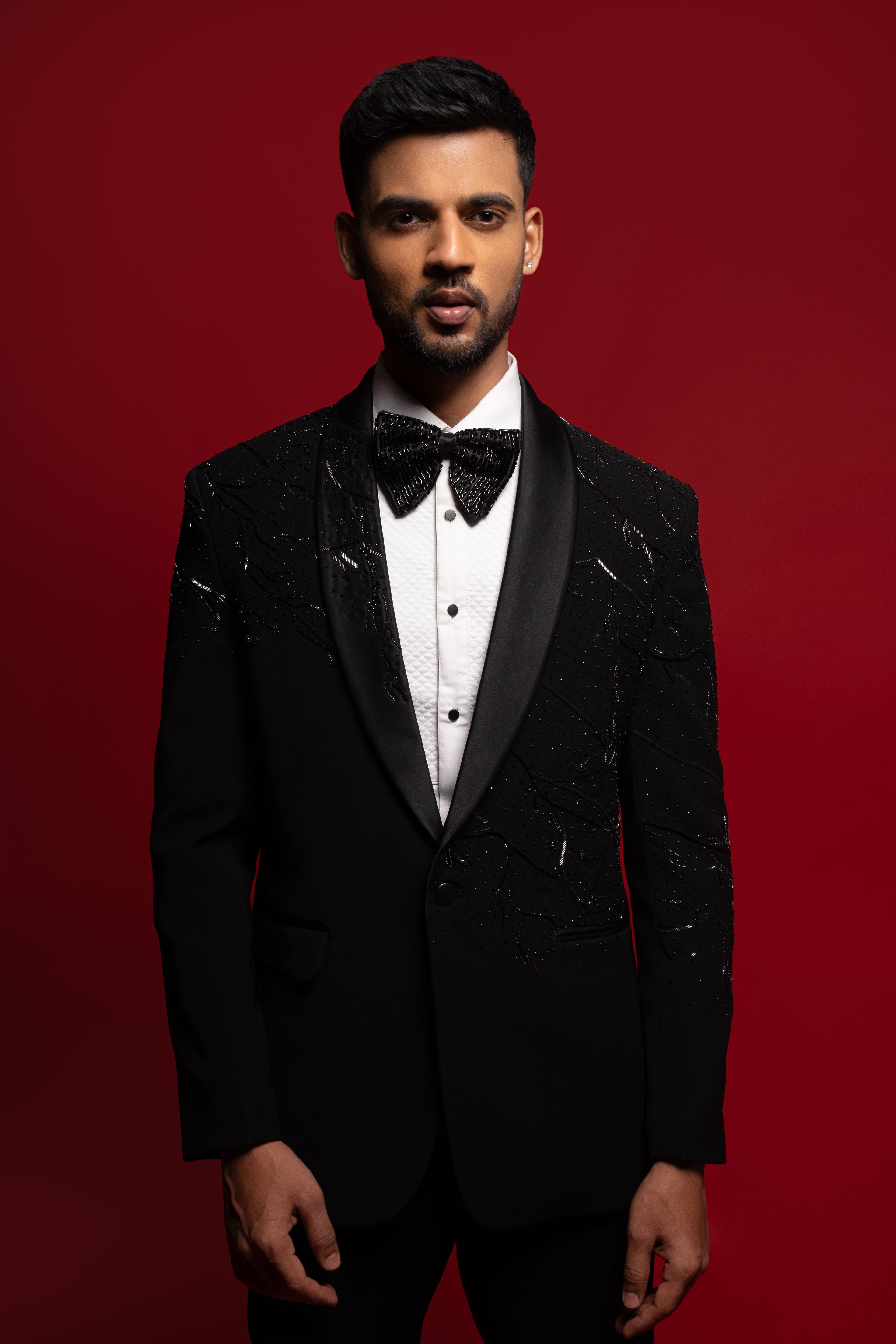 Black Polyester Viscose Embroidered Tuxedo Set