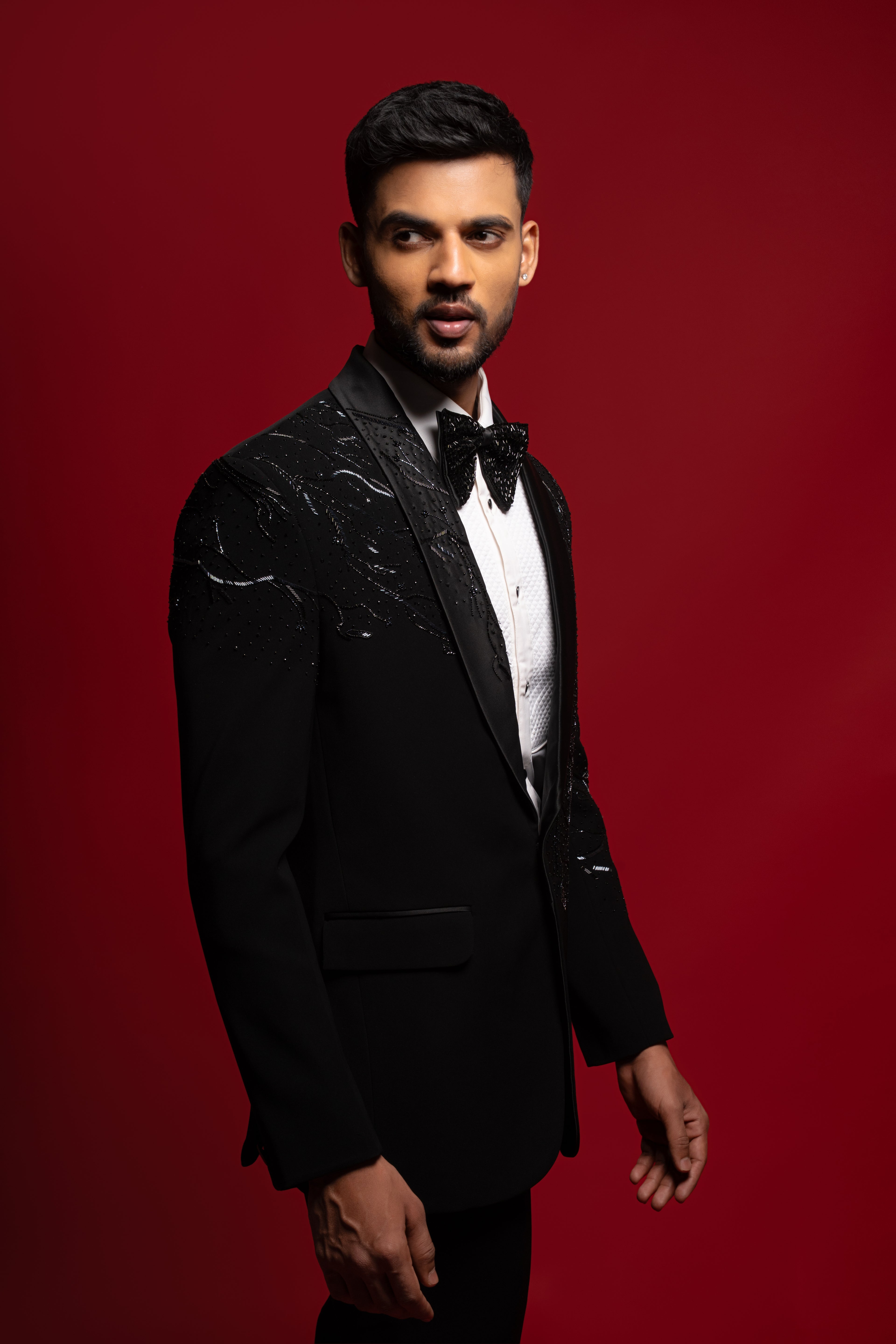 Black Polyester Viscose Embroidered Tuxedo Set