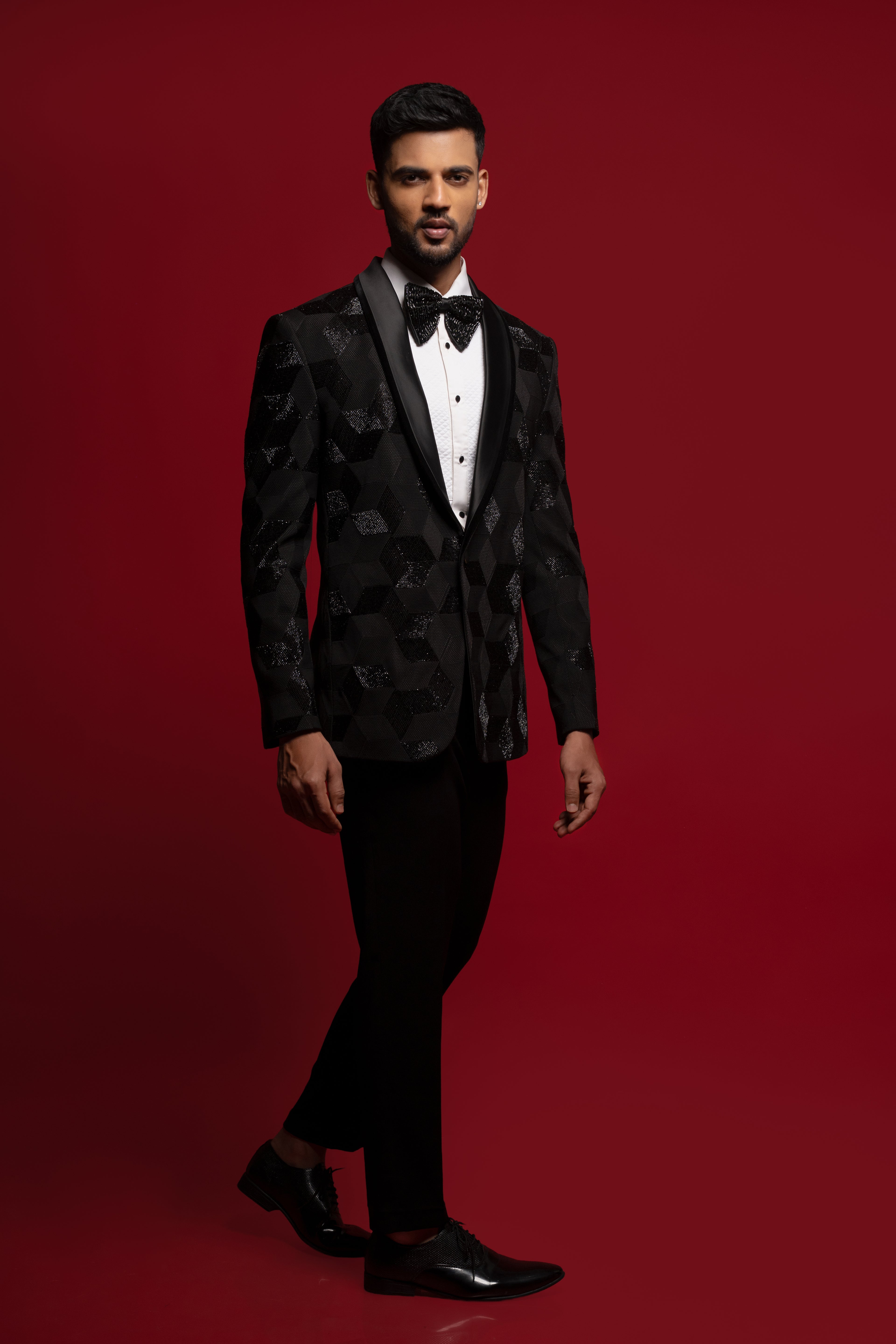 Black Polyester Viscose Embroidered Tuxedo Set