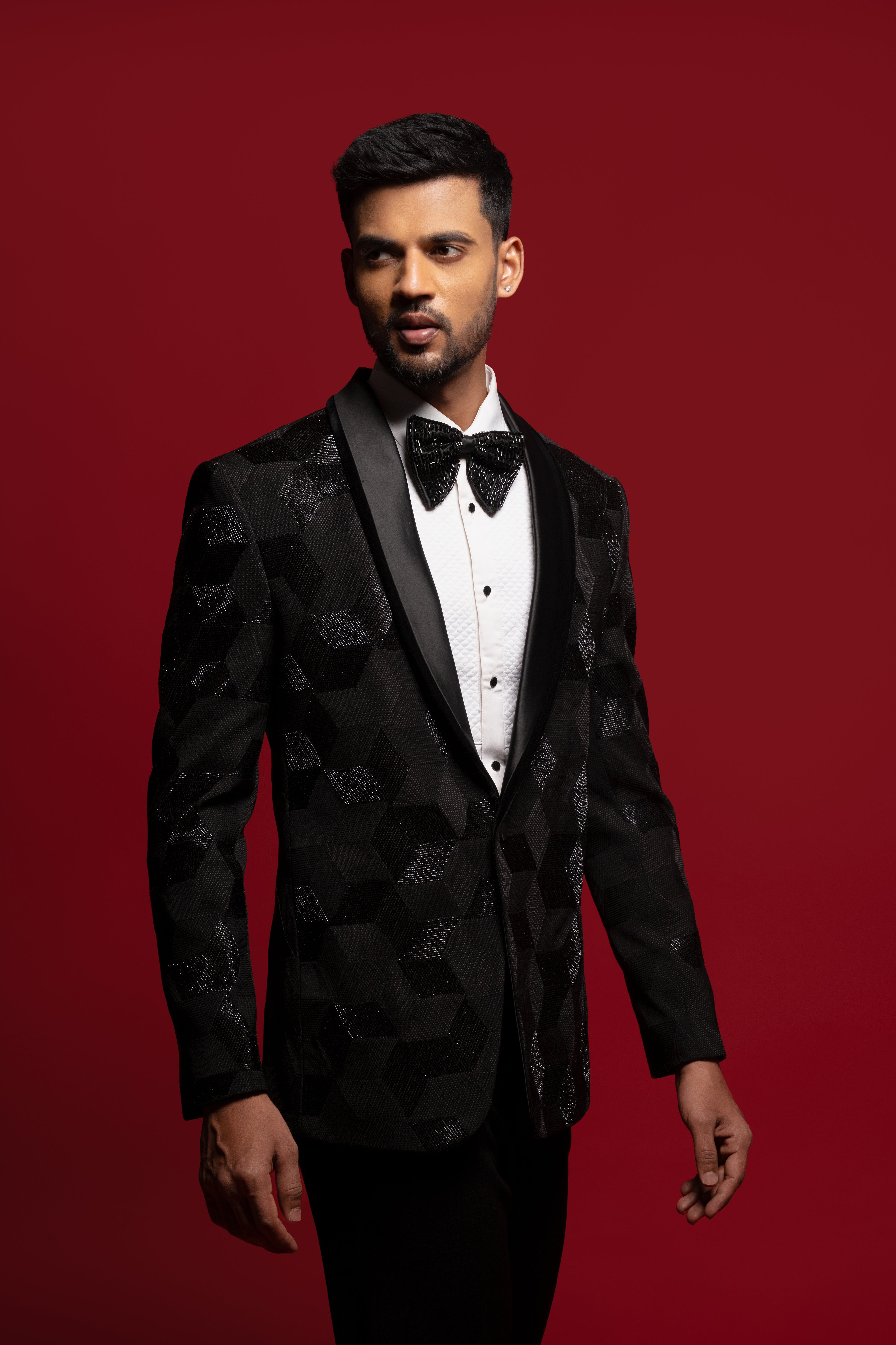 Black Polyester Viscose Embroidered Tuxedo Set