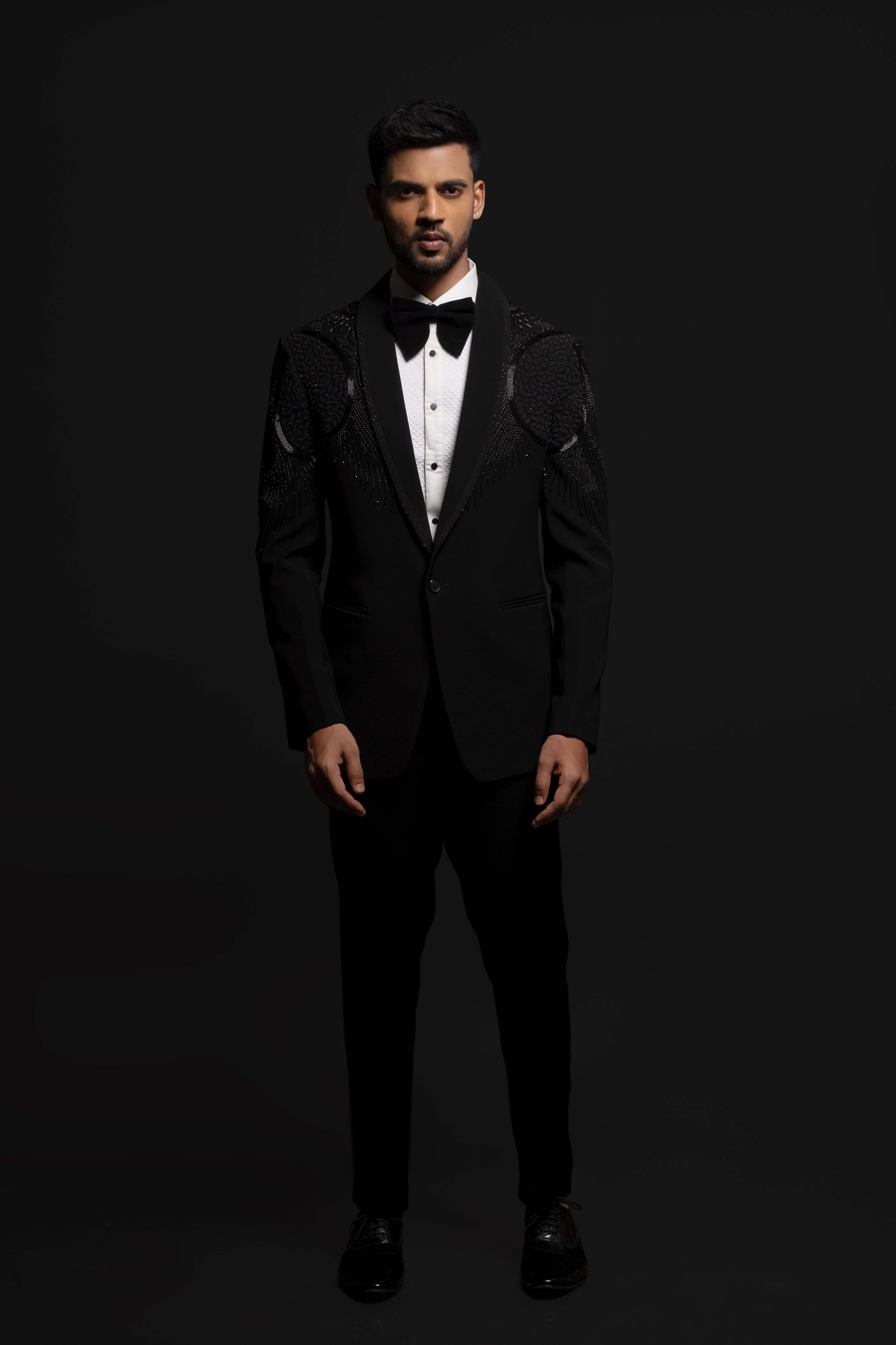 Black Polyester Viscose Embroidered Tuxedo Set