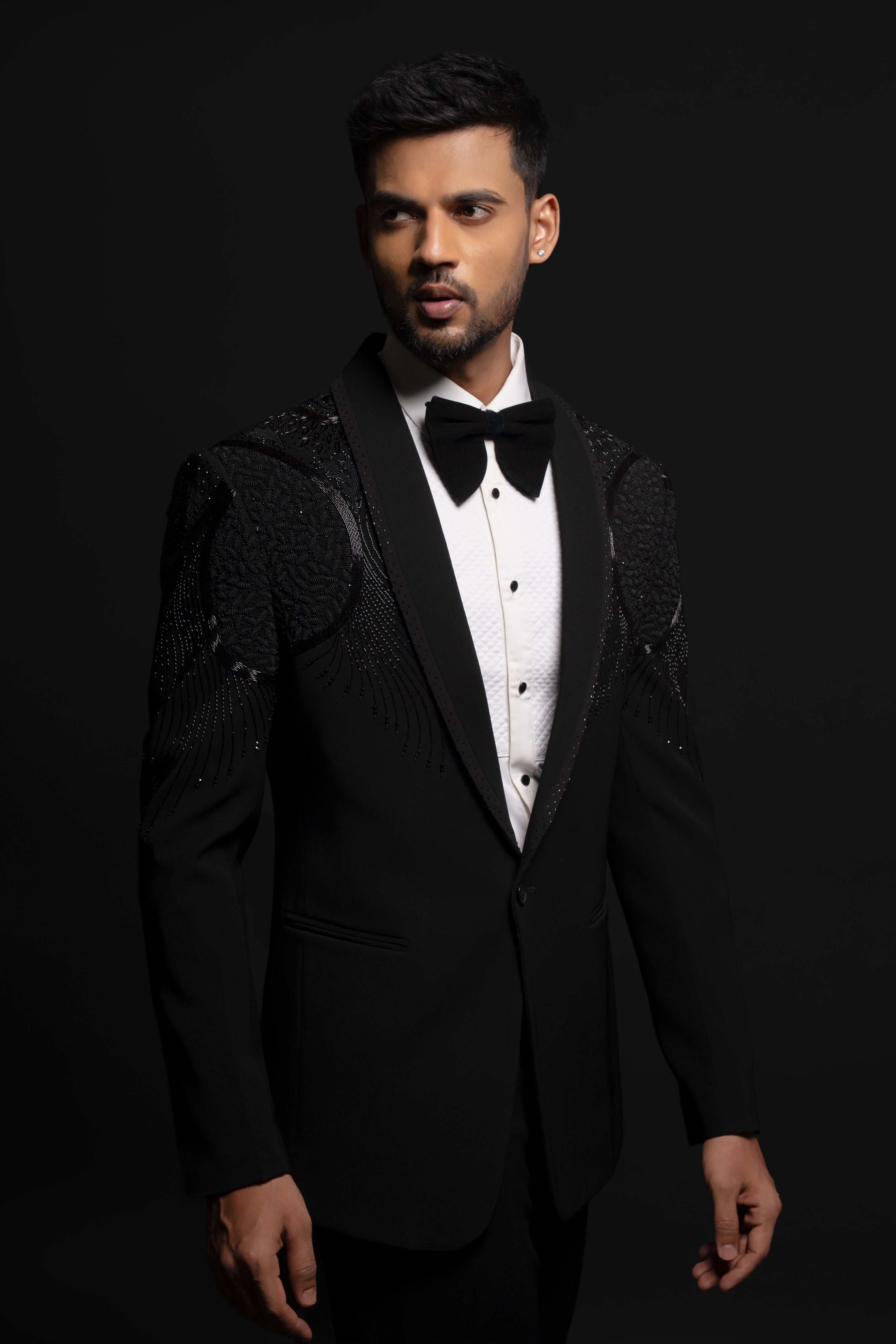 Black Polyester Viscose Embroidered Tuxedo Set