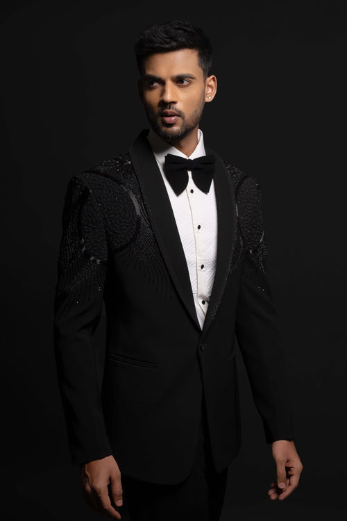 Black Polyester Viscose Embroidered Tuxedo Set