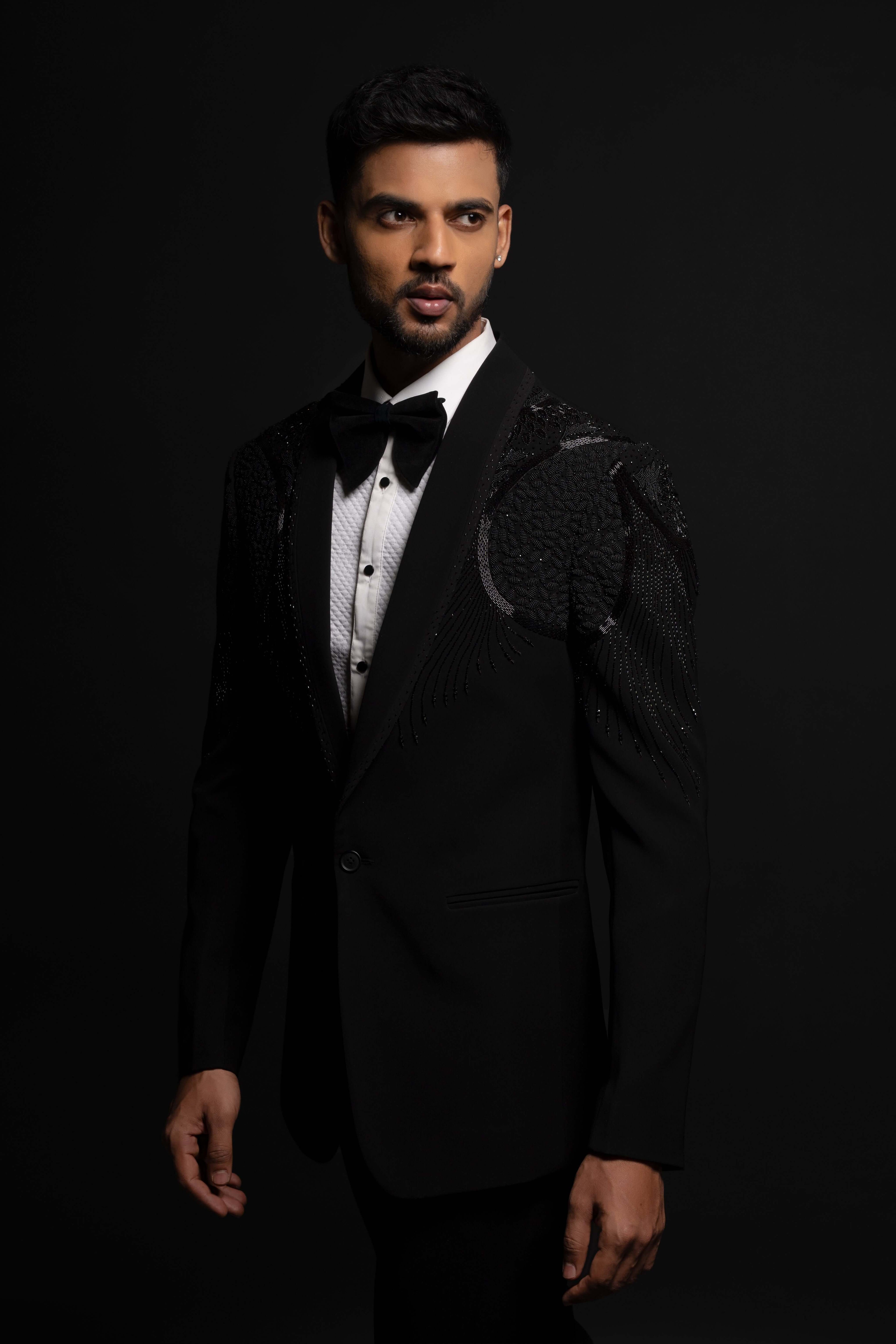 Black Polyester Viscose Embroidered Tuxedo Set