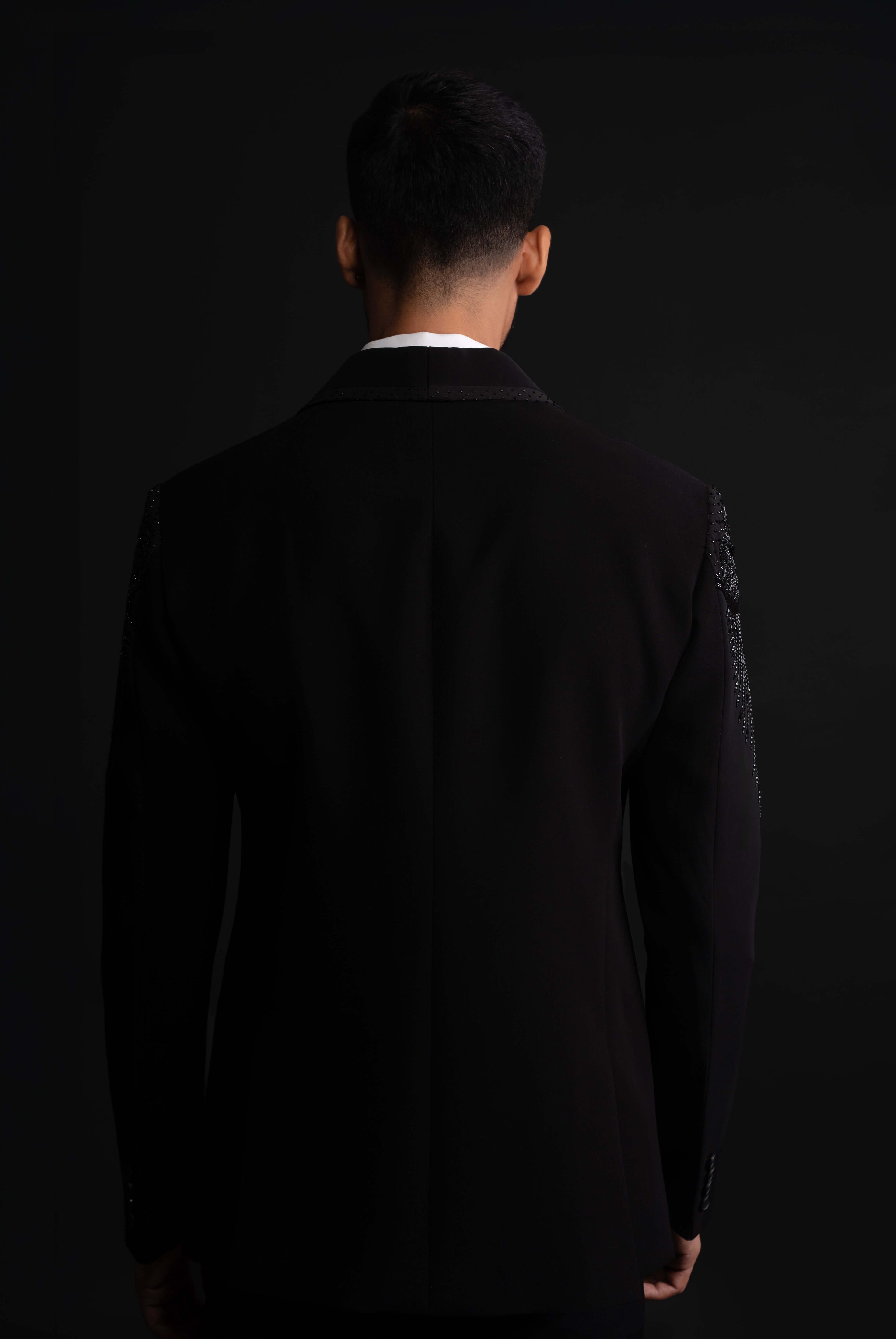 Black Polyester Viscose Embroidered Tuxedo Set