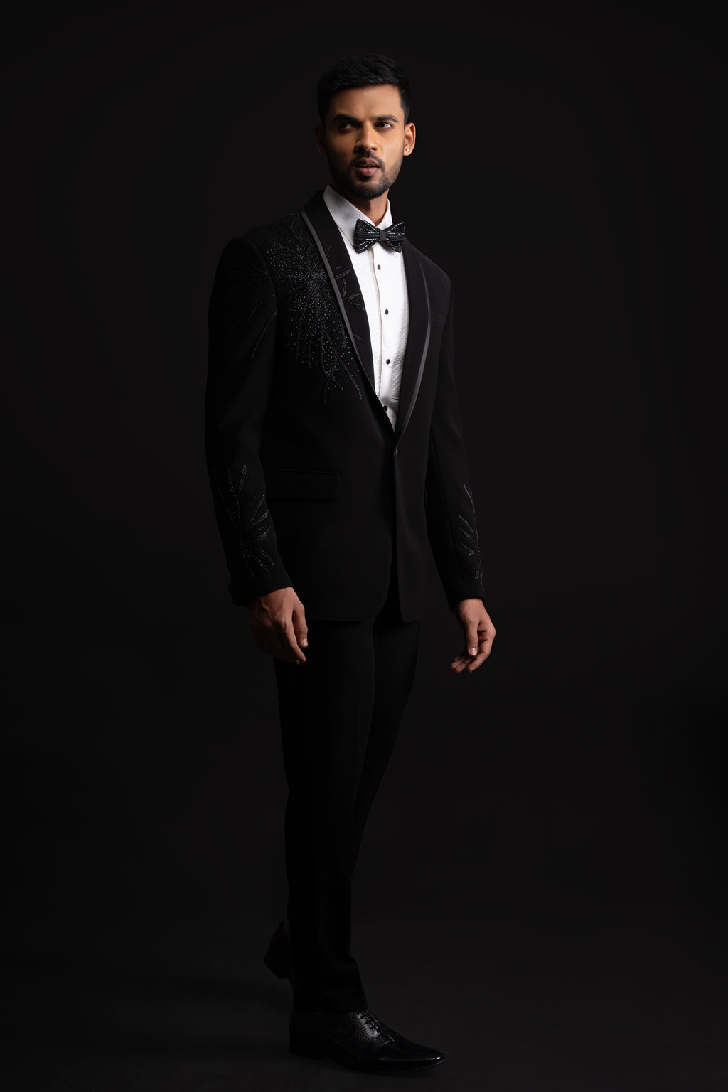 Black Polyester Minimalist Bead Embellished Tuxedo
