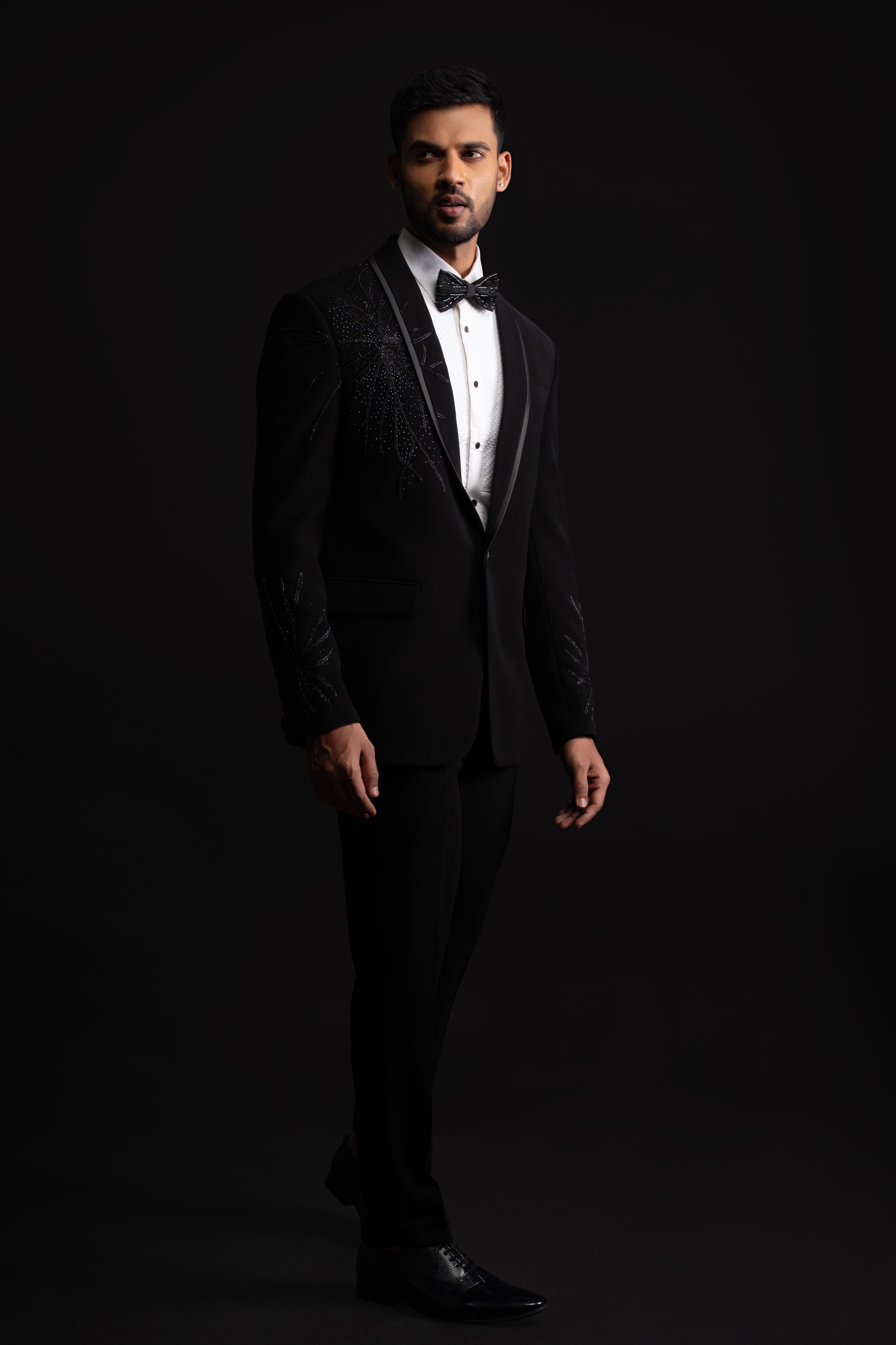 Black Polyester Minimalist Bead Embellished Tuxedo