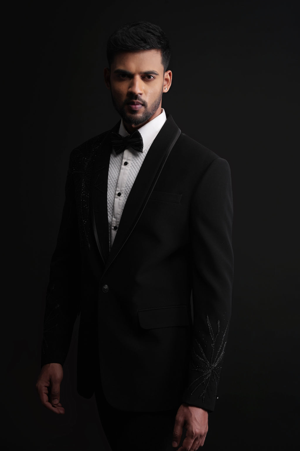 Black Polyester Minimalist Bead Embellished Tuxedo
