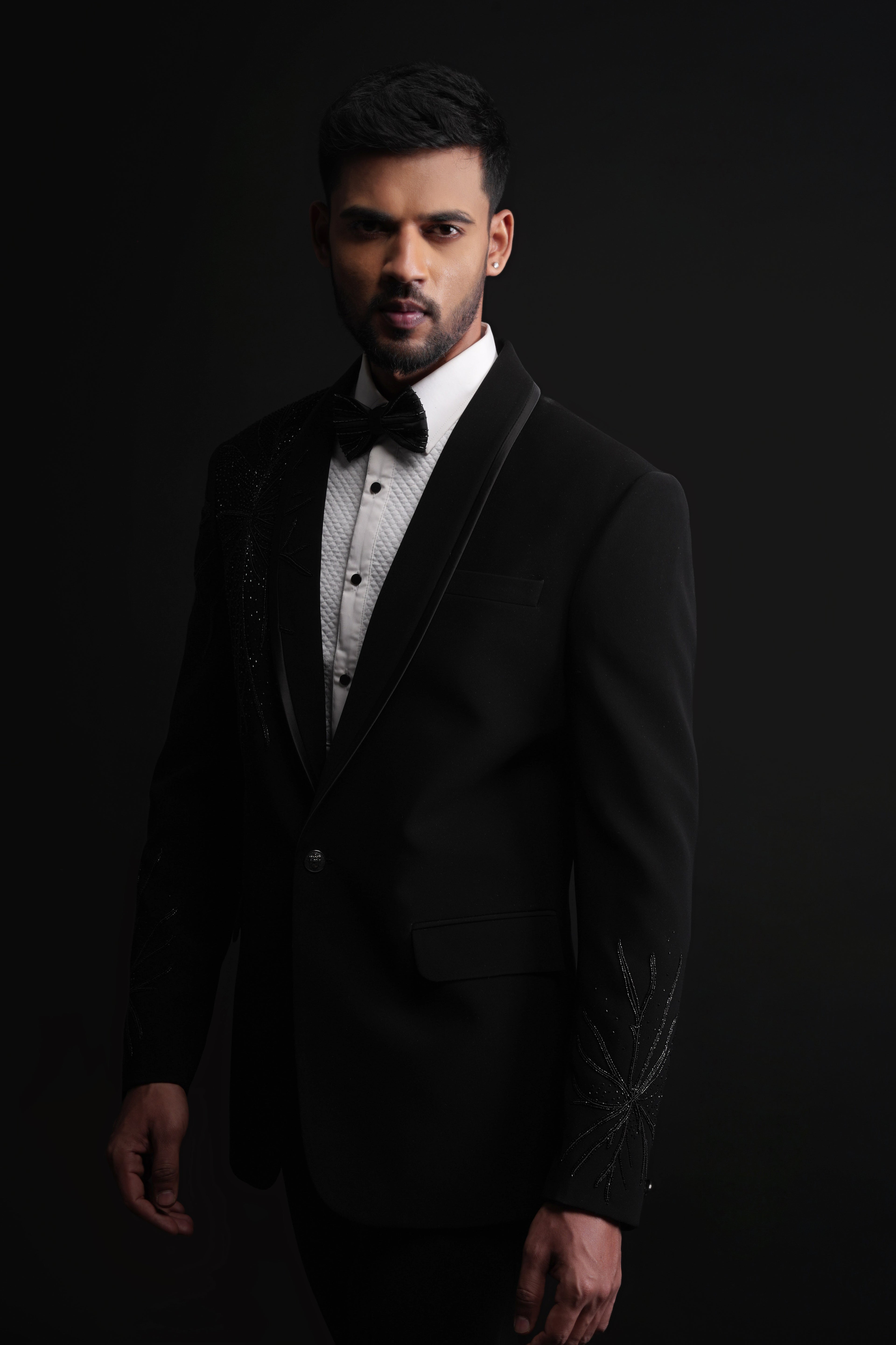 Black Polyester Minimalist Bead Embellished Tuxedo