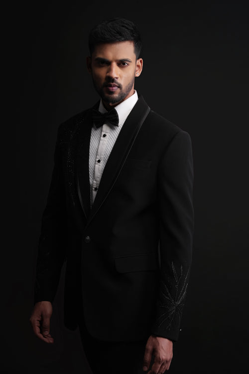 Black Polyester Minimalist Bead Embellished Tuxedo