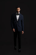 Blue textured Polyester Embroidered Tuxedo Set