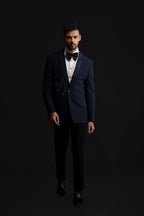 Blue textured Polyester Embroidered Tuxedo Set