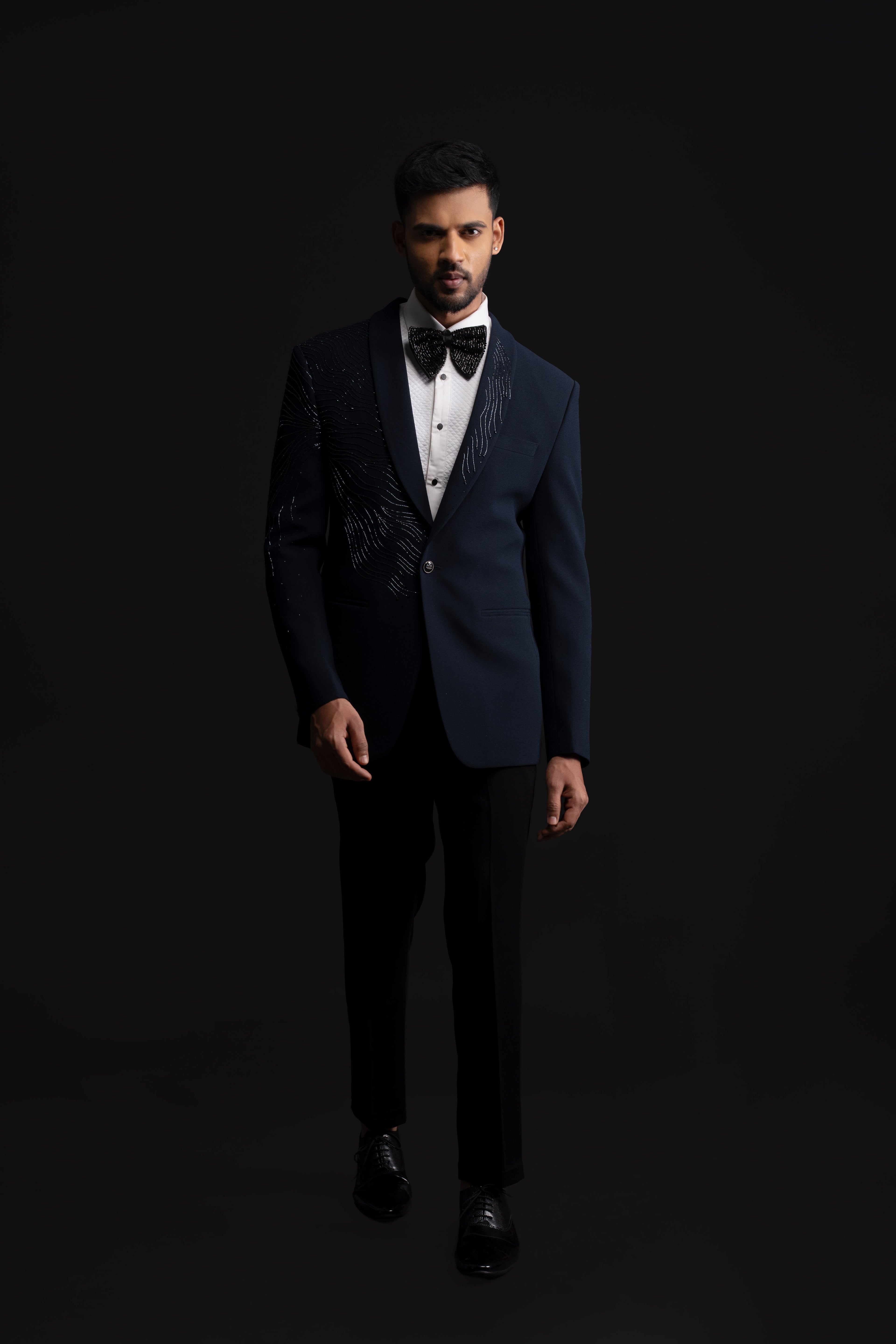 Blue textured Polyester Embroidered Tuxedo Set