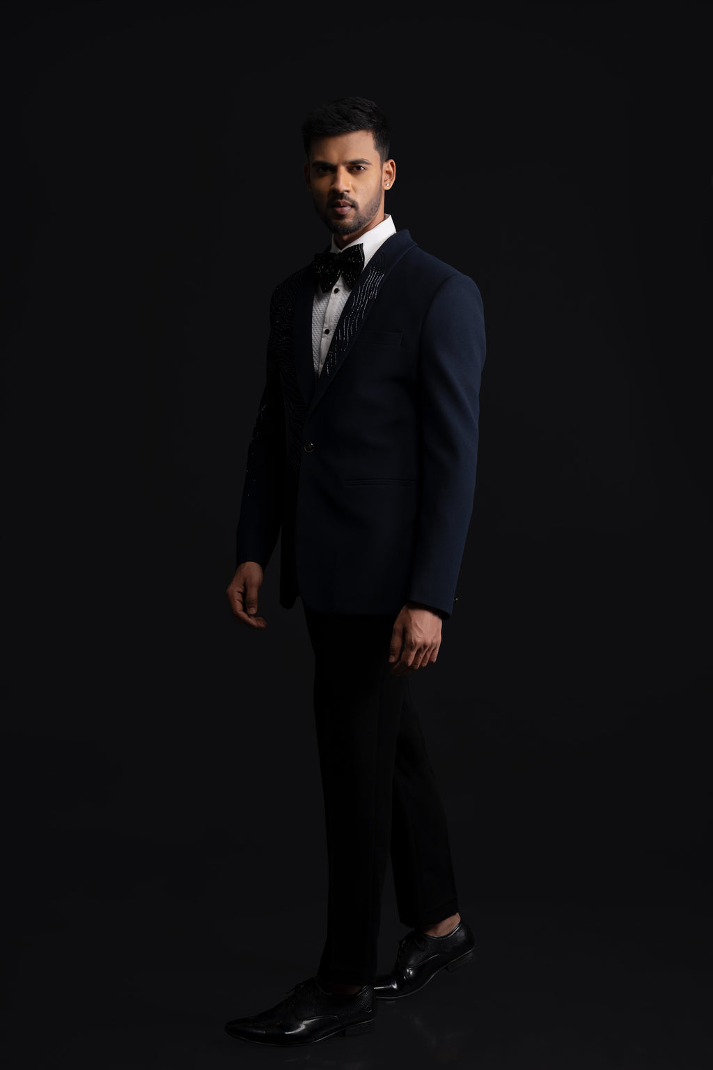 Blue textured Polyester Embroidered Tuxedo Set