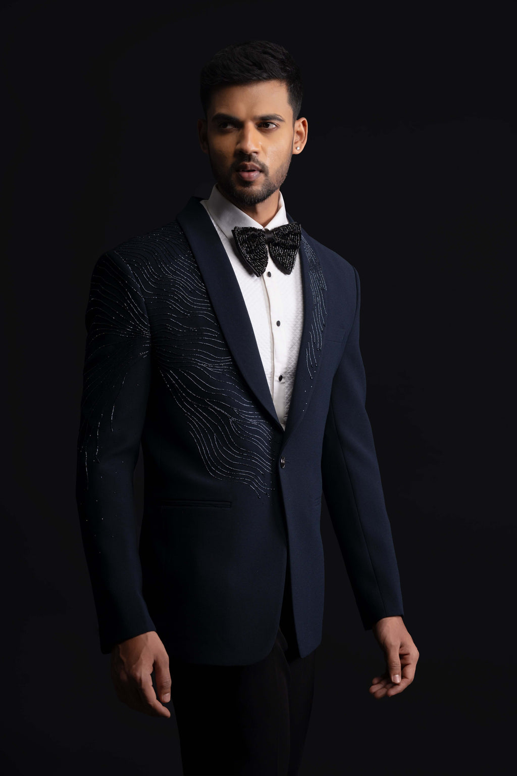 Blue textured Polyester Embroidered Tuxedo Set
