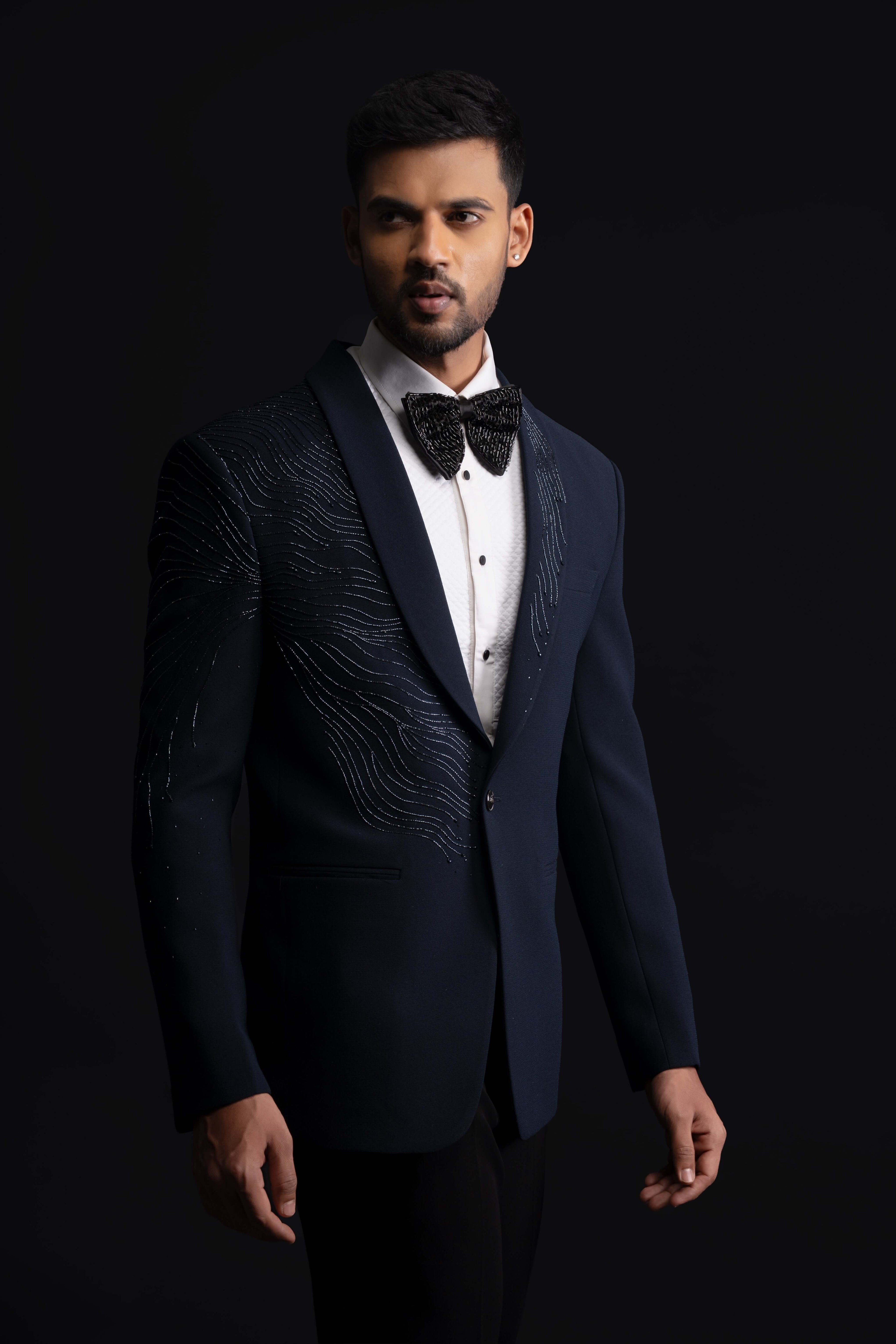 Blue textured Polyester Embroidered Tuxedo Set