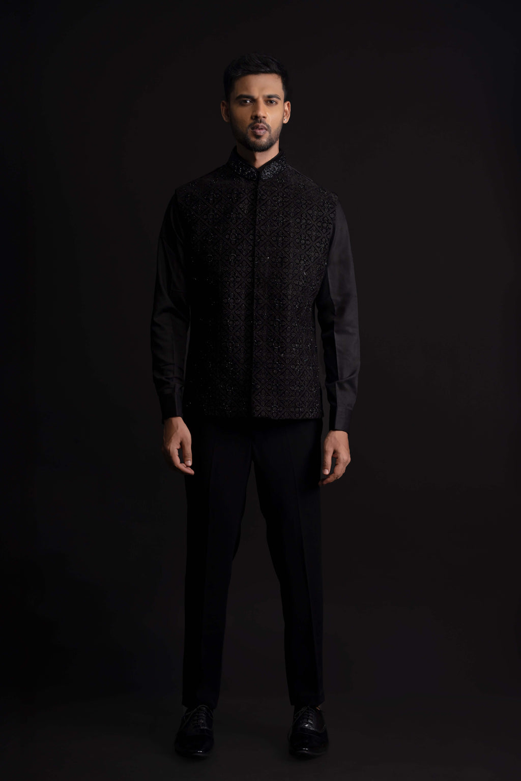 Black Kurta with thread work on Bundi and Set with Pant
