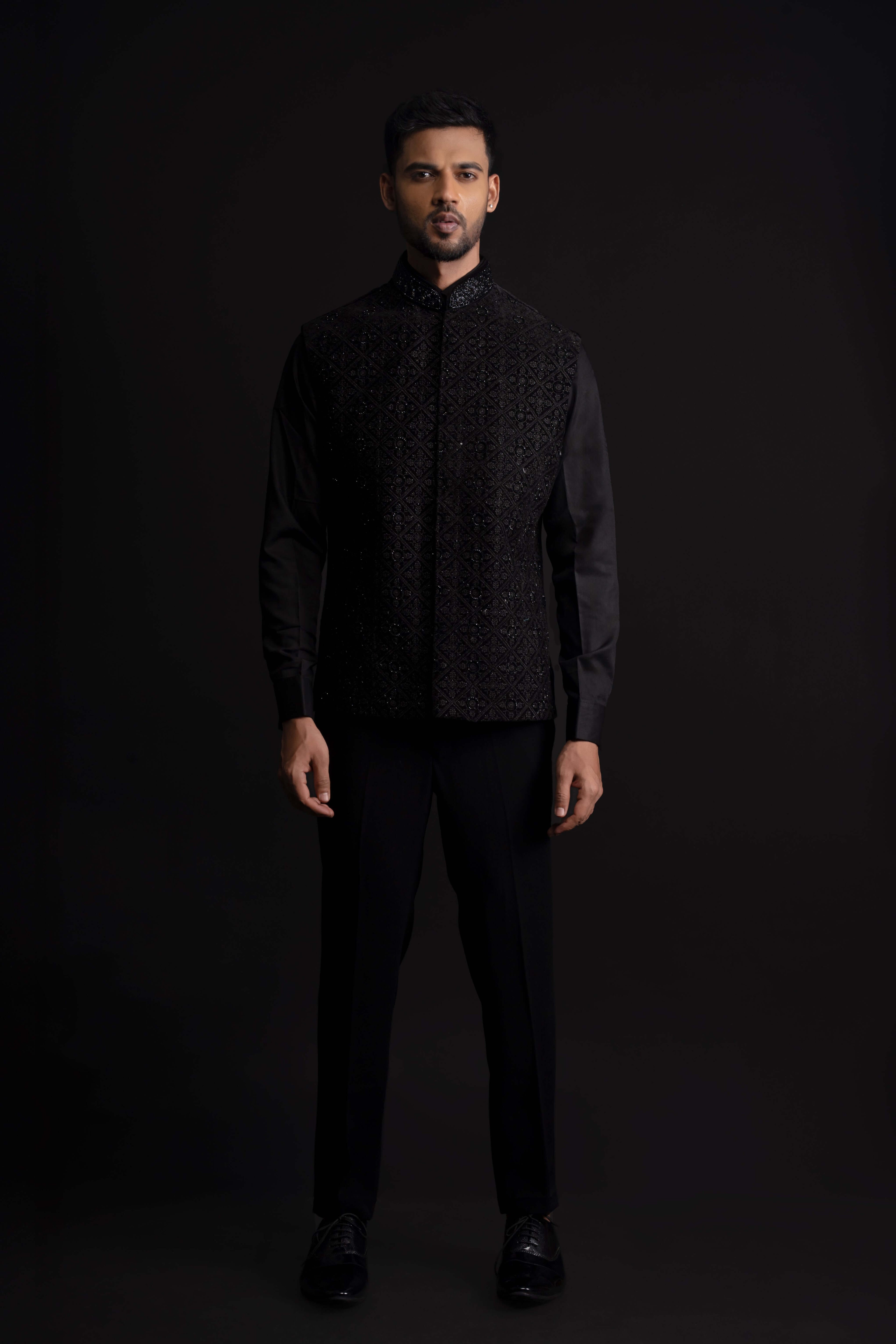 Black Kurta with thread work on Bundi and Set with Pant