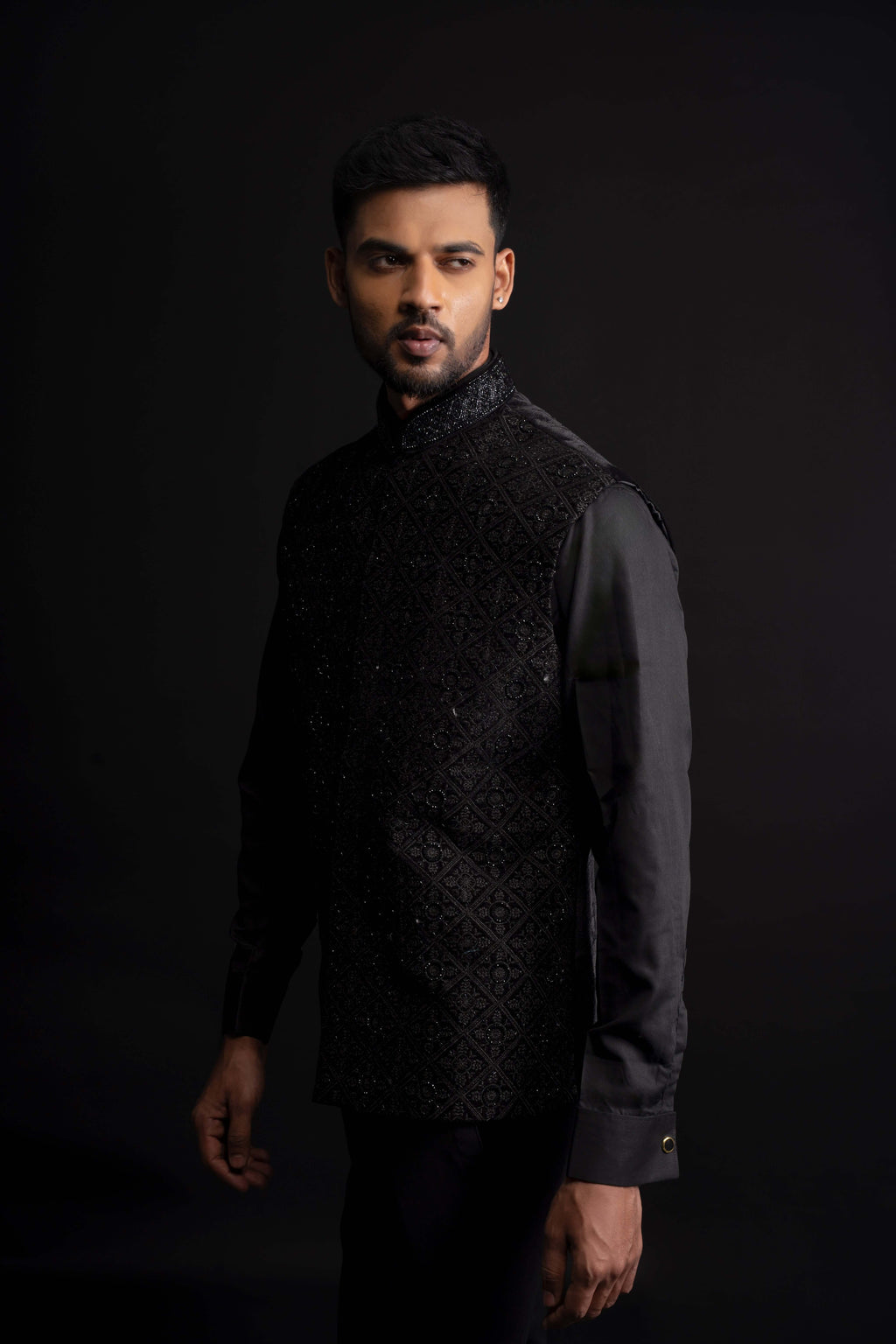 Black Kurta with thread work on Bundi and Set with Pant