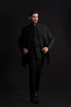 Black Mens Velvet Indowestern with Cut Dana and Embroidery Work