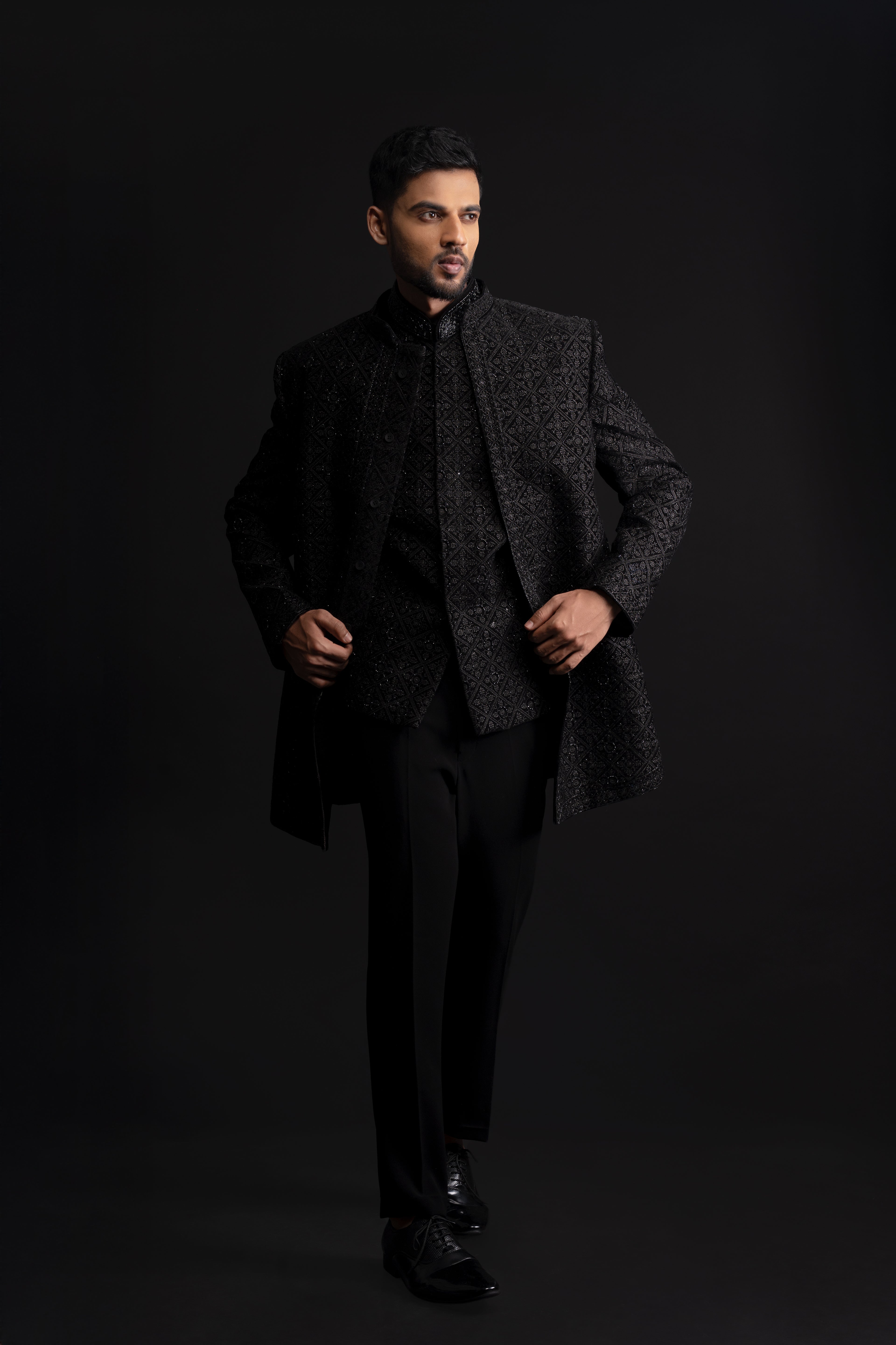 Black Mens Velvet Indowestern with Cut Dana and Embroidery Work