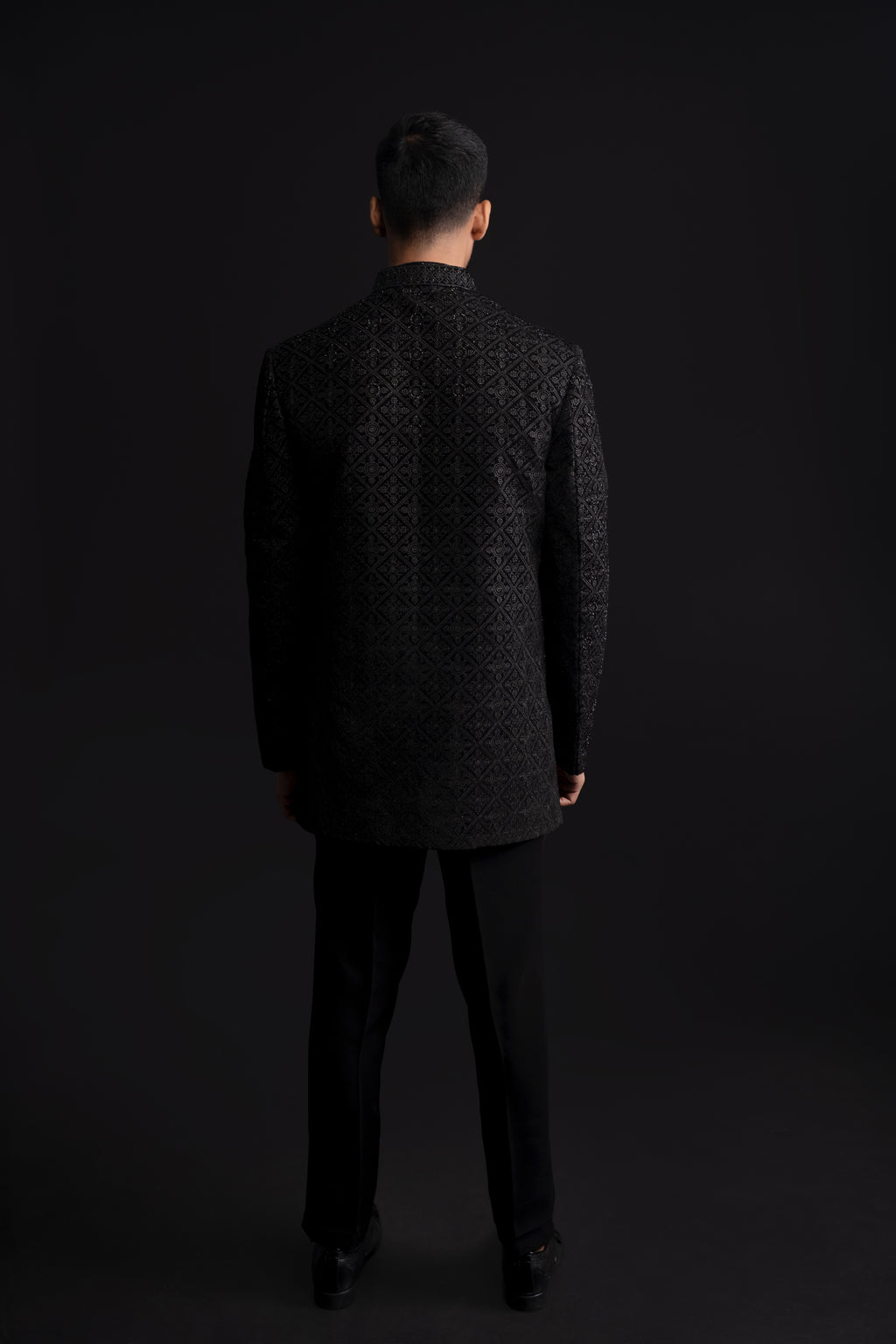 Black Mens Velvet Indowestern with Cut Dana and Embroidery Work