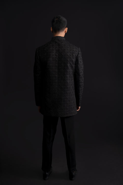 Black Mens Velvet Indowestern with Cut Dana and Embroidery Work