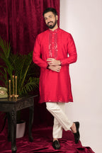 Red Tussar Silk Mirror Hand Embroidered Kurta Set
