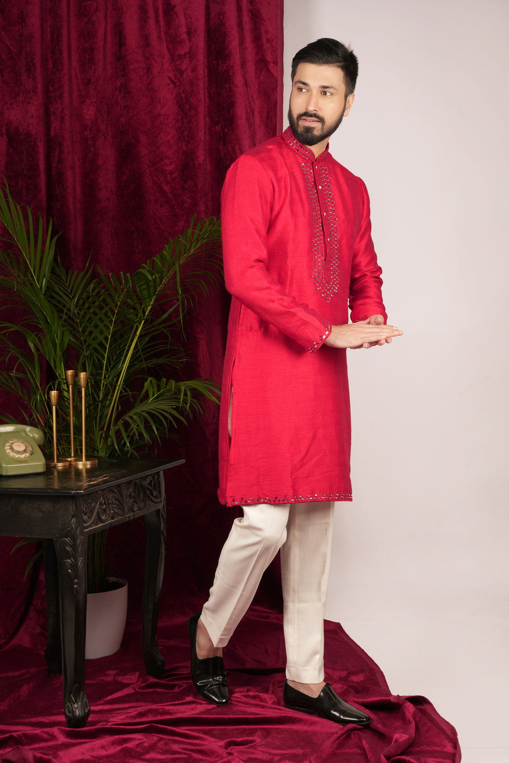 Red Tussar Silk Mirror Hand Embroidered Kurta Set