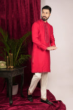 Red Tussar Silk Mirror Hand Embroidered Kurta Set