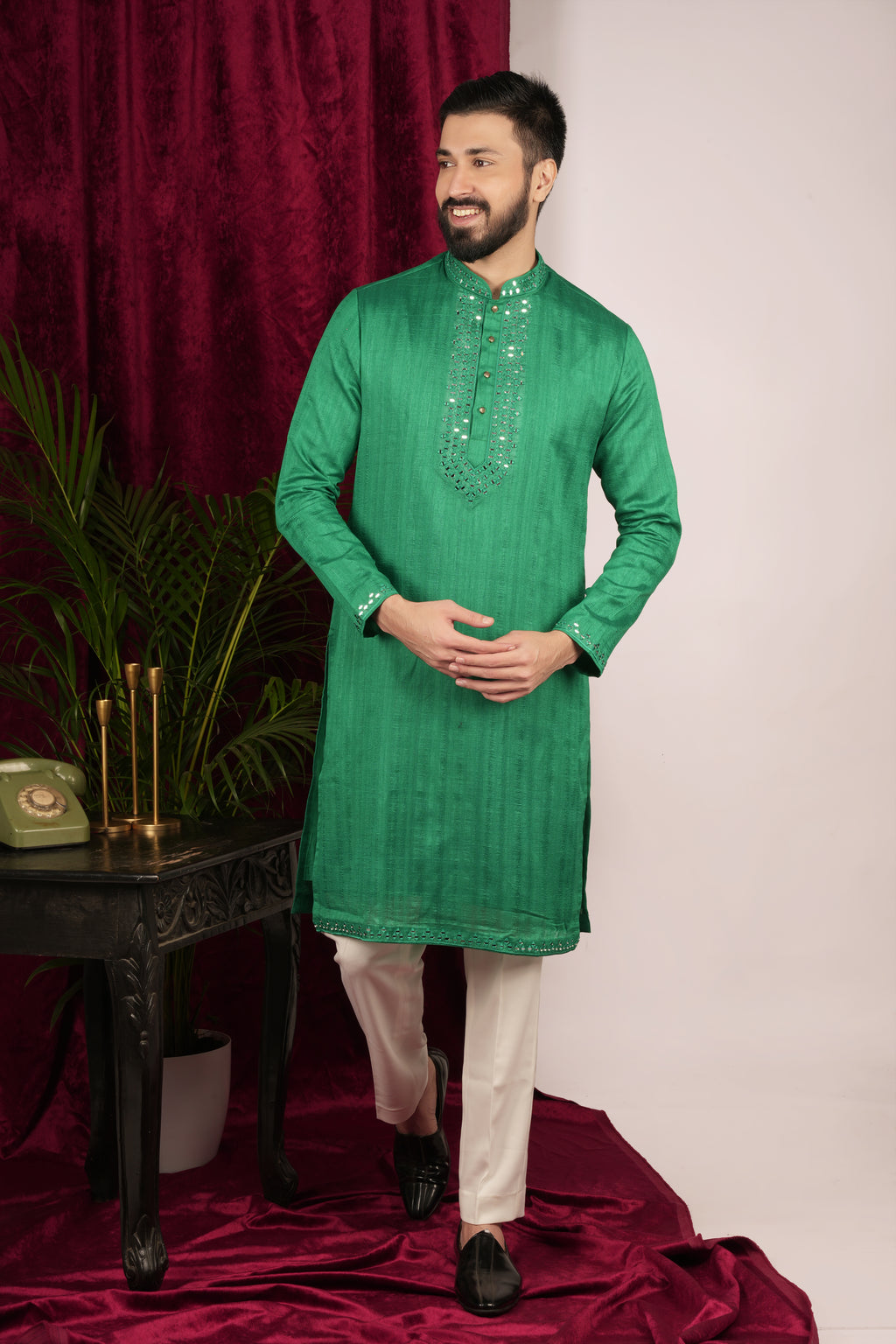 Castle Tone Green Tussar Silk Mirror Hand Embroidered Kurta Set