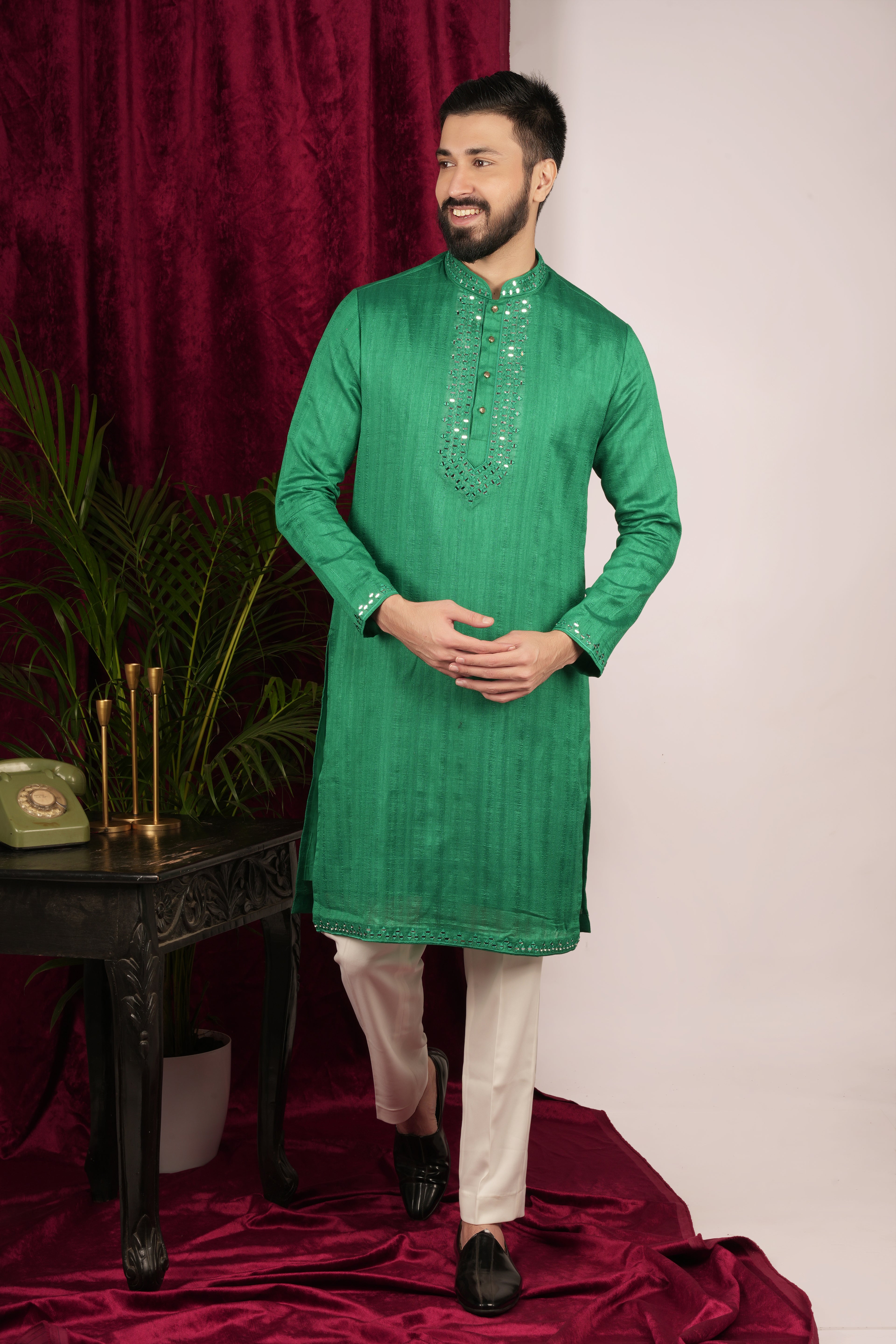 Castle Tone Green Tussar Silk Mirror Hand Embroidered Kurta Set