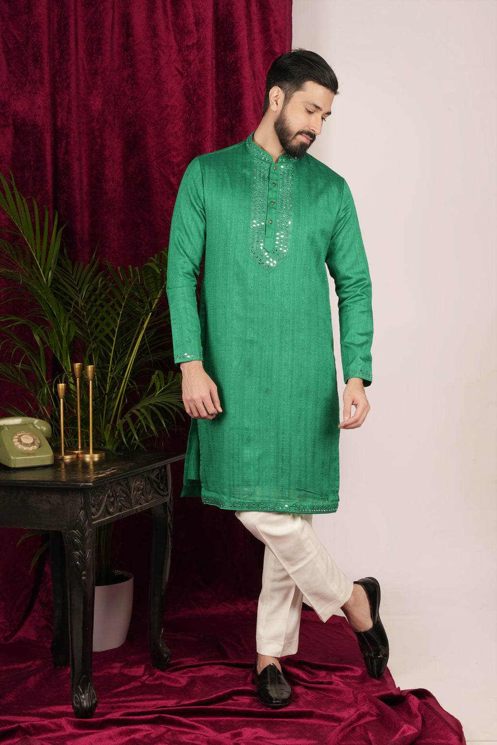 Castle Tone Green Tussar Silk Mirror Hand Embroidered Kurta Set